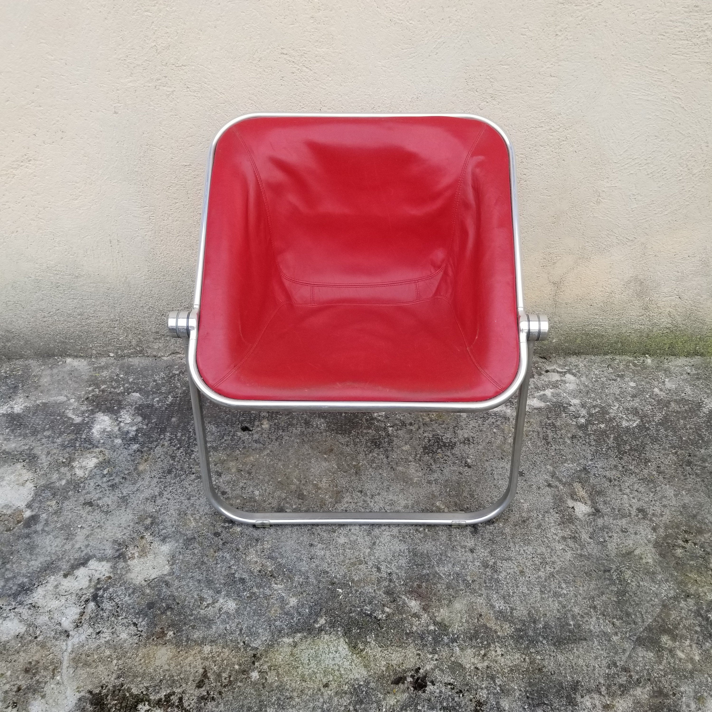 Plona Folding Lounge Chair in Red Leather by Giancarlo Piretti for Castelli  | Italian Space Age | 1970s | Set of 2