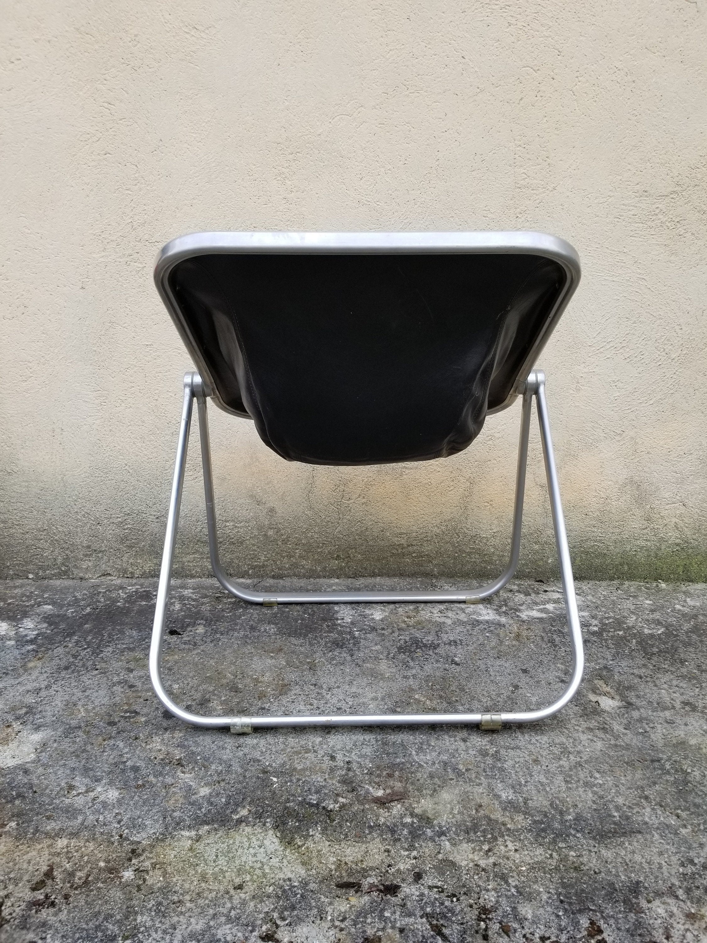 Plona Folding Chair in Black Leather by Giancarlo Piretti for Castelli  | Italian Space Age | 1970s