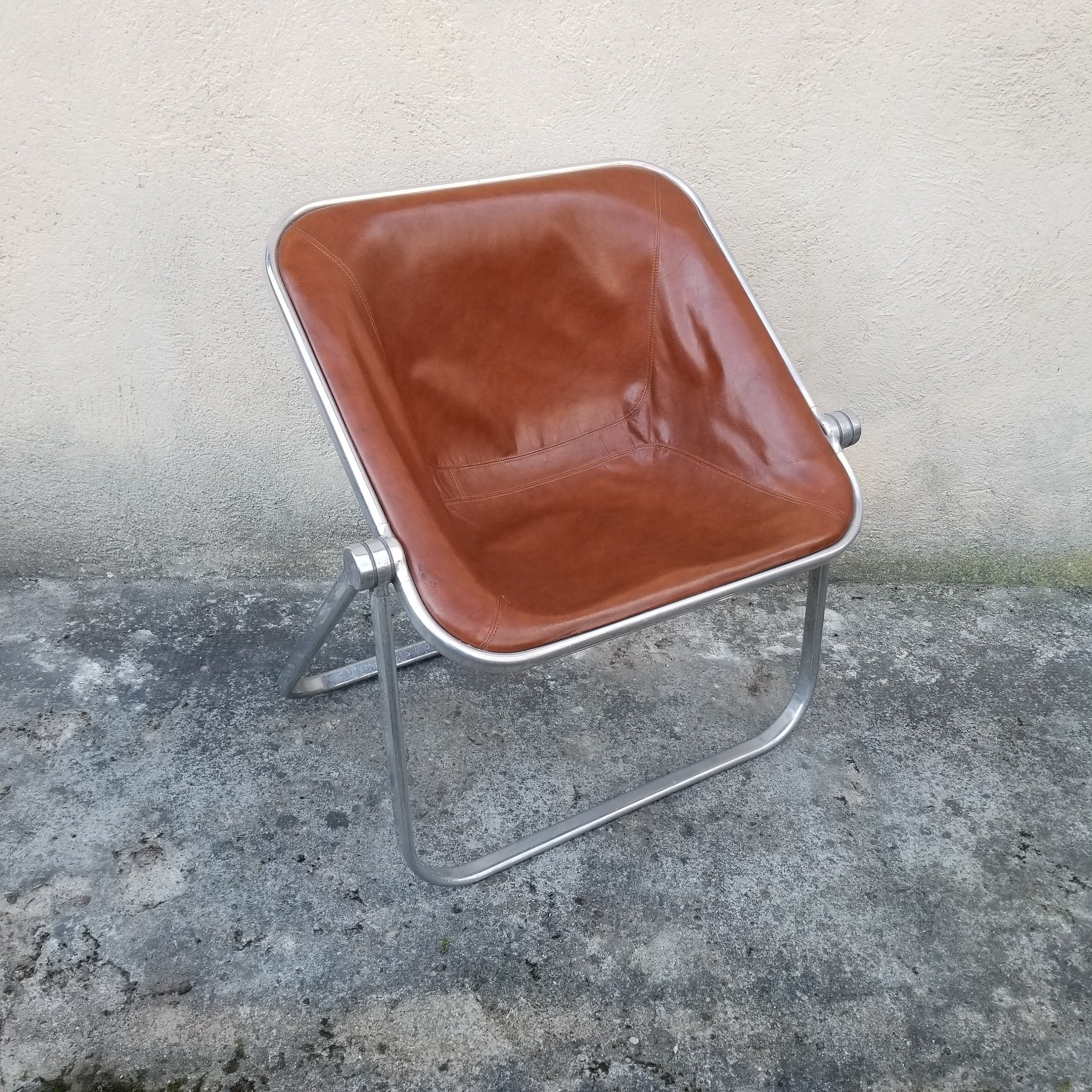 Plona Brown Leather Folding Chair by Giancarlo Piretti for Castelli  | Italian Space Age | 1970s | (2 Available)
