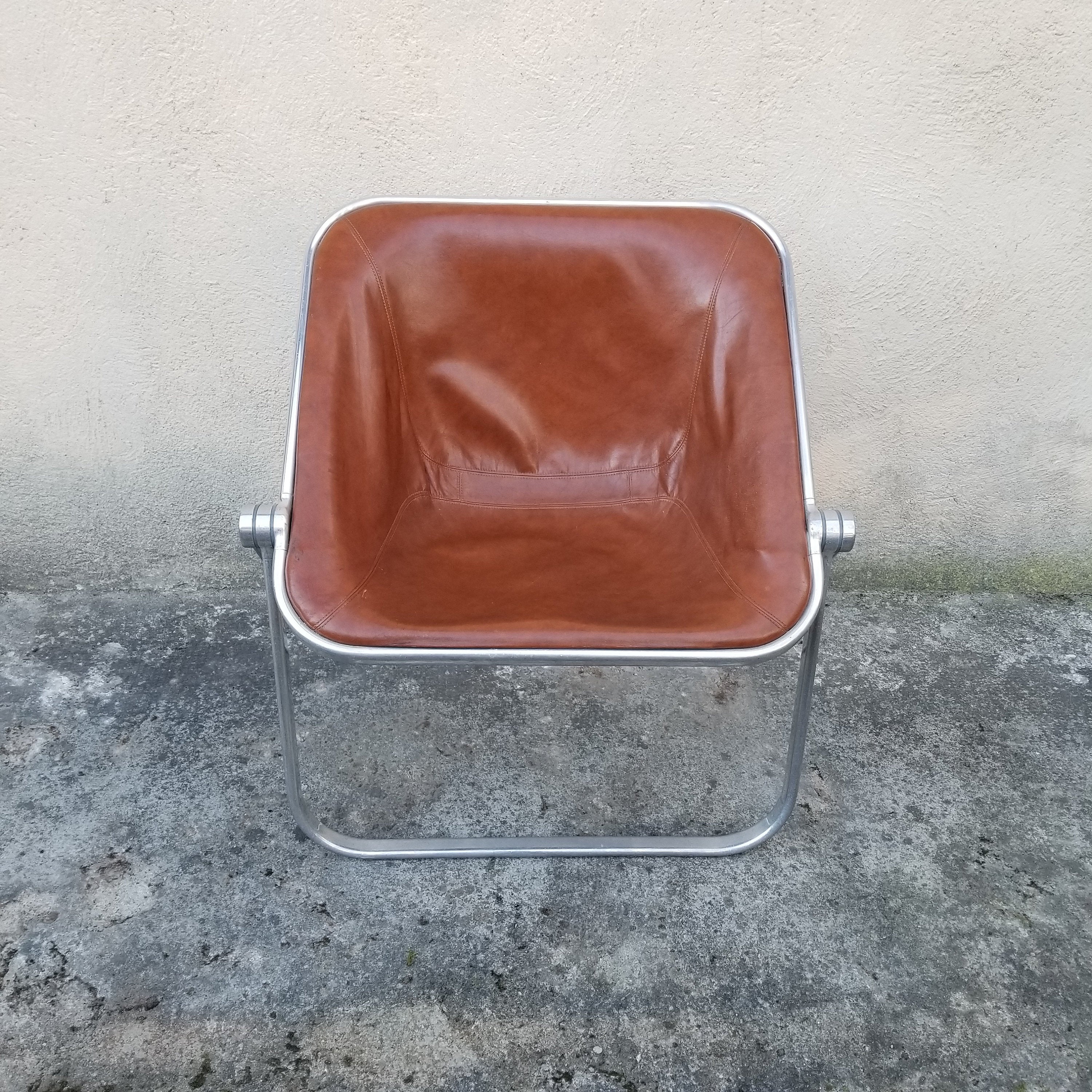 Plona Brown Leather Folding Chair by Giancarlo Piretti for Castelli  | Italian Space Age | 1970s | (2 Available)