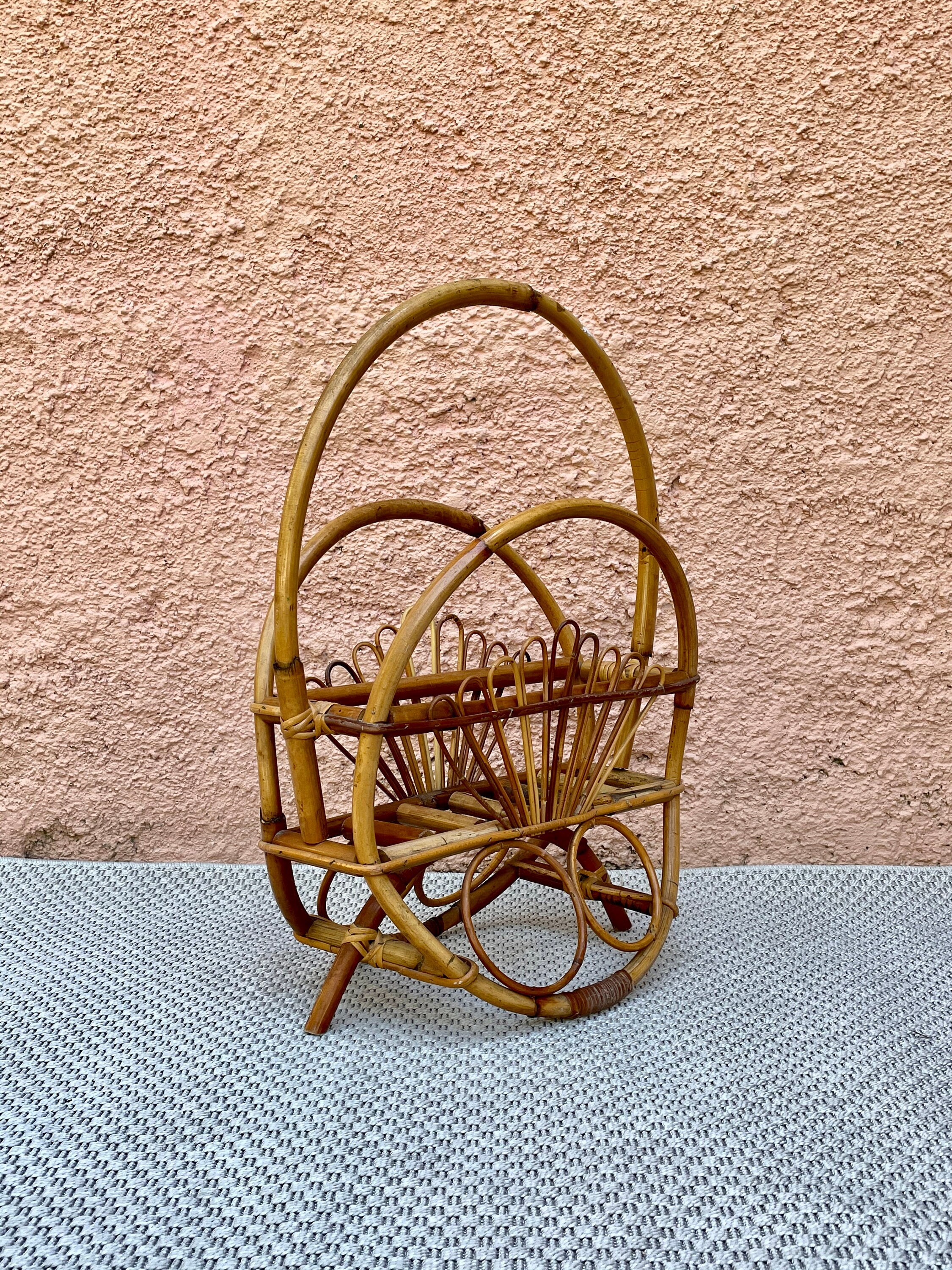 Handmade Vintage Bamboo Magazine Rack Newspaper Holder | Italian Midcentury Modern | 1950s