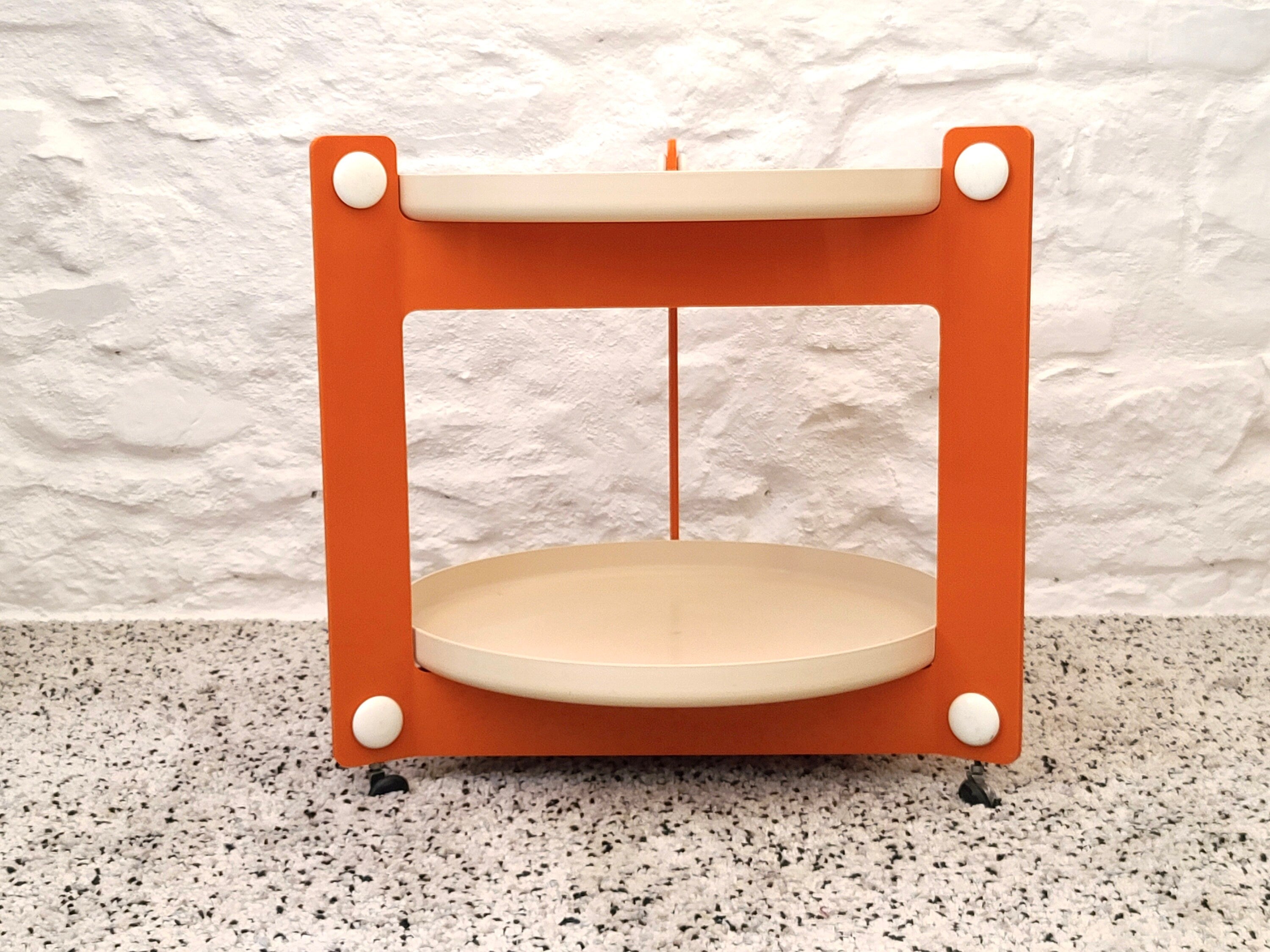 Bar Cart Drinks Trolley Table in Orange & White by Luigi Massoni for Guzzini  | Italian Space Age | 1970s