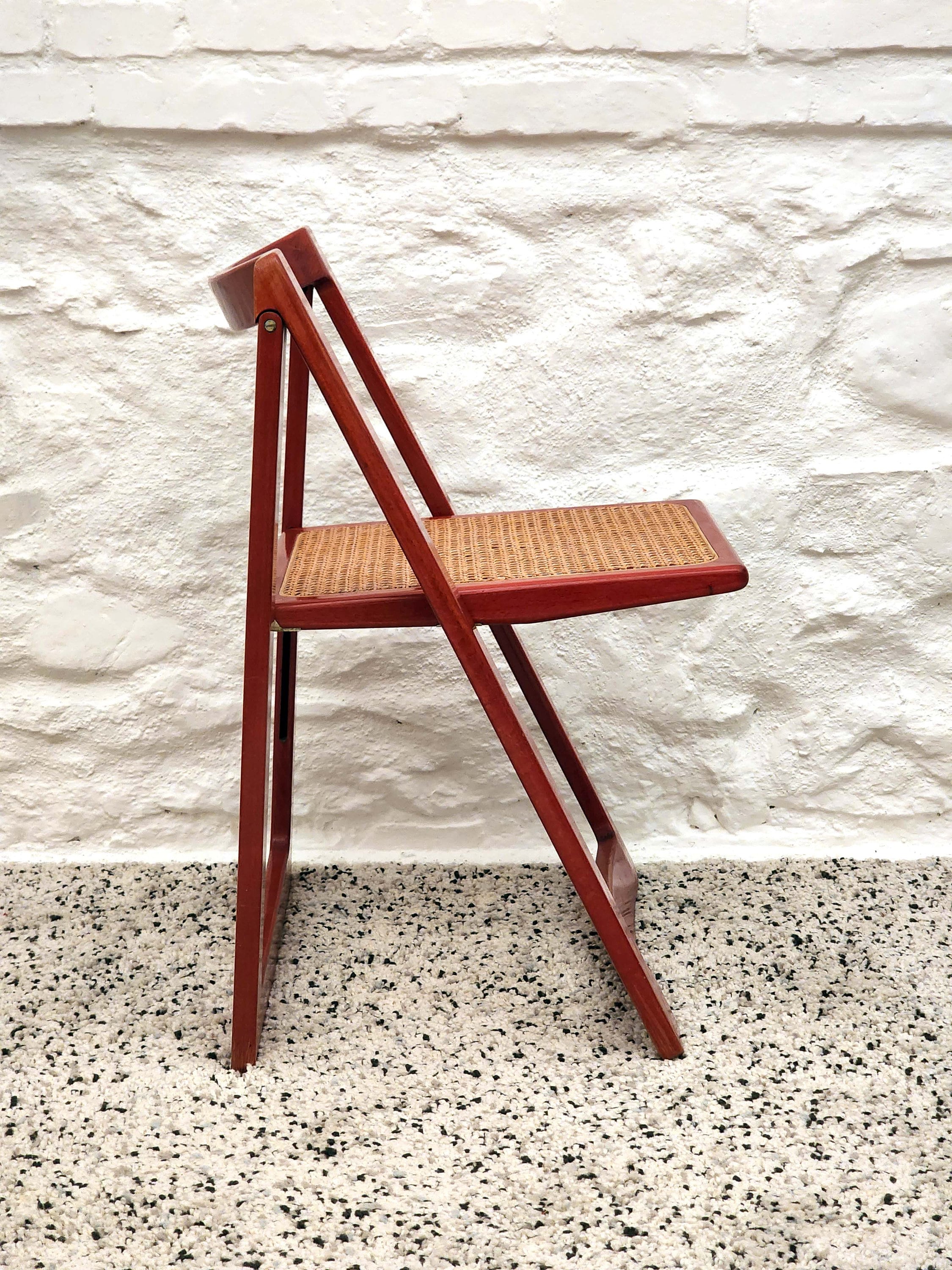 Trieste Folding Caned Seat Chair in Red Lacquer by Aldo Jacober for Alberto Bazzani | Italian Vintage Design | 1960s