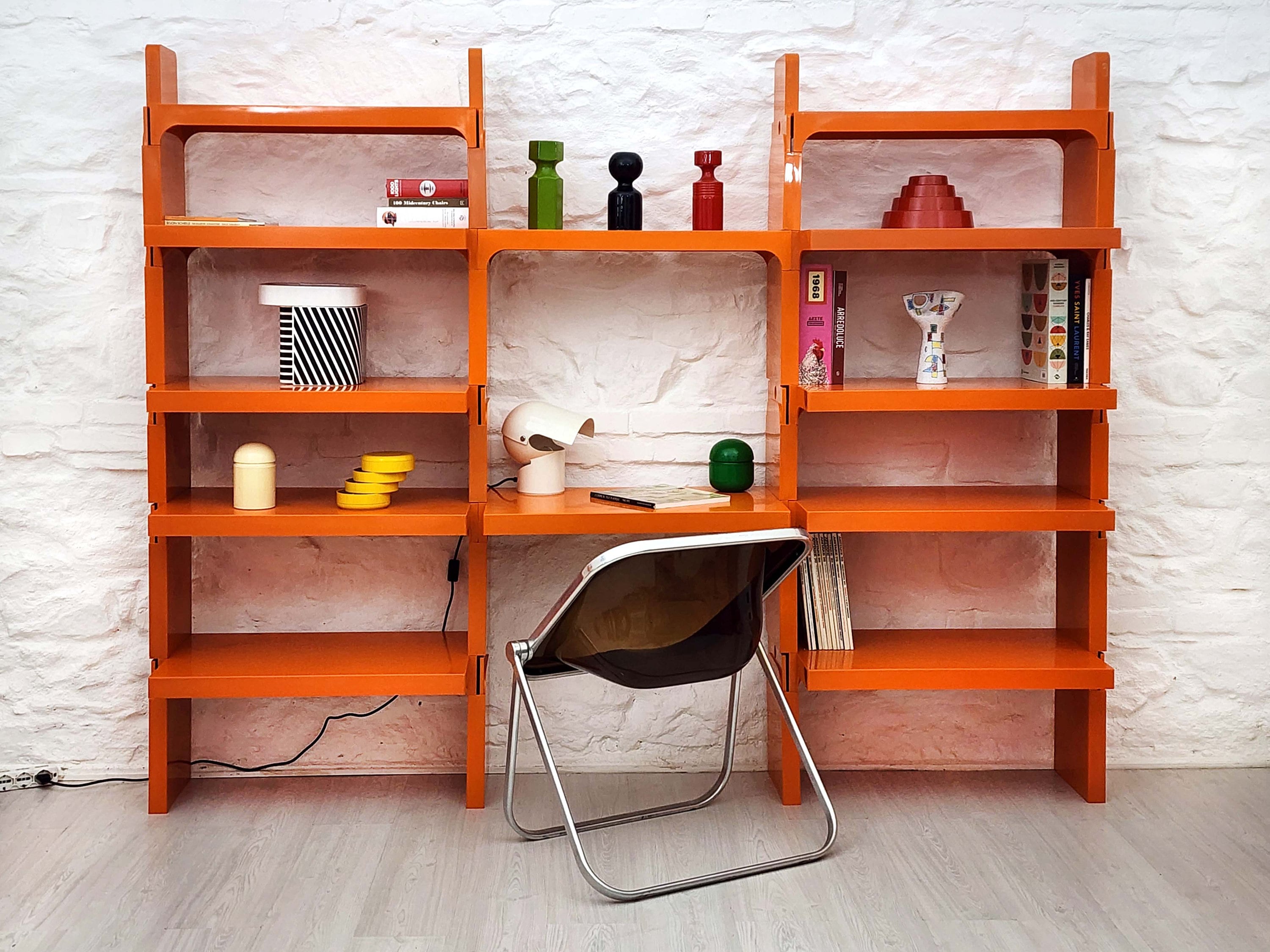 Modular Shelf System in Orange by Olaf von Bohr for Kartell (three columns) | Italian Space Age | 1960s