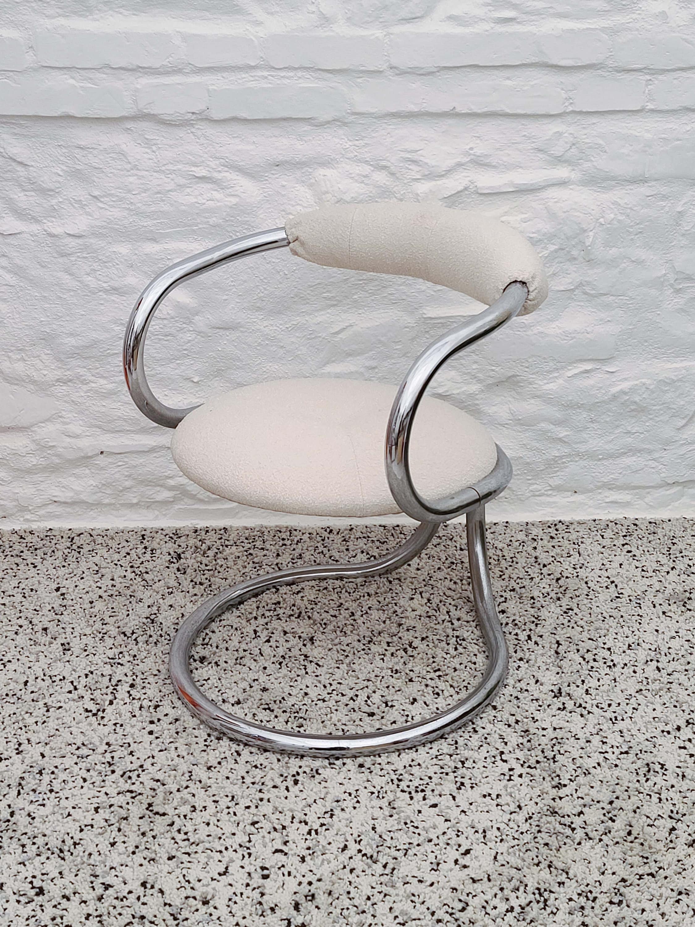 Chrome Tubular Dining Chair in Boucle by Bonzanini for Tecnosalotto | Italian Space Age | 1970s