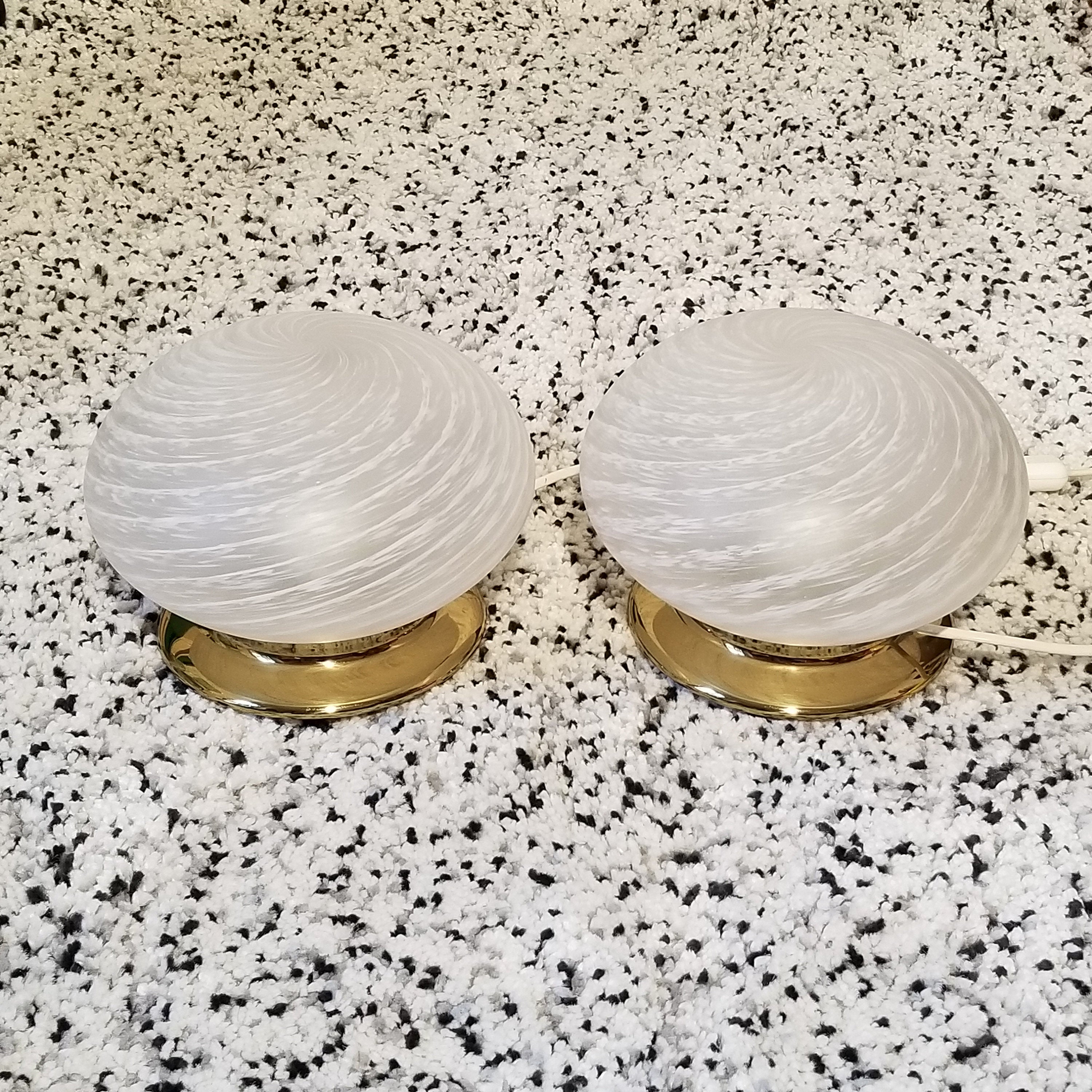 Murano Glass Swirl Lampshade Brass Base Table Lamps | Italian Midcentury Modern | 1960s