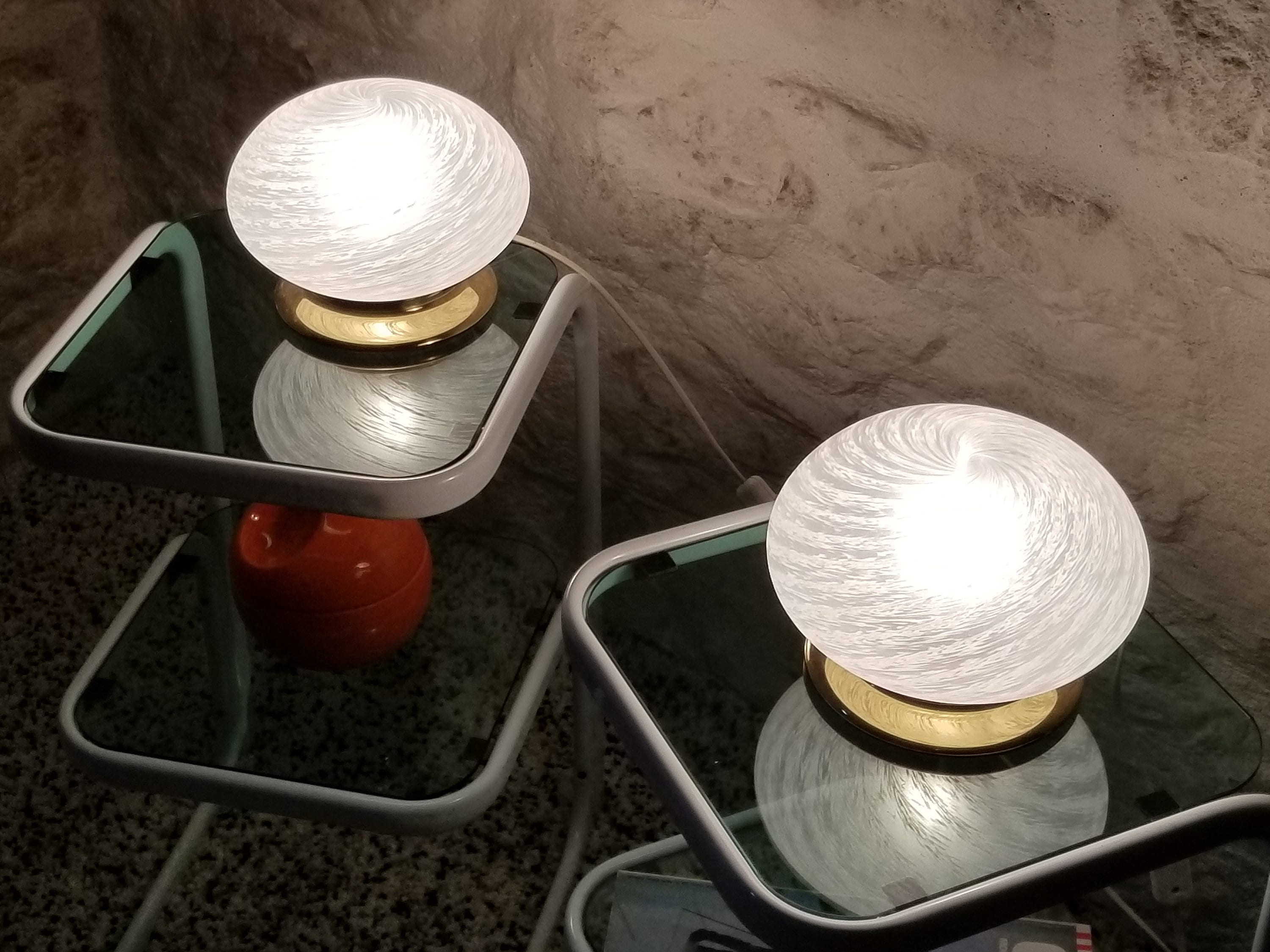 Murano Glass Swirl Lampshade Brass Base Table Lamps | Italian Midcentury Modern | 1960s