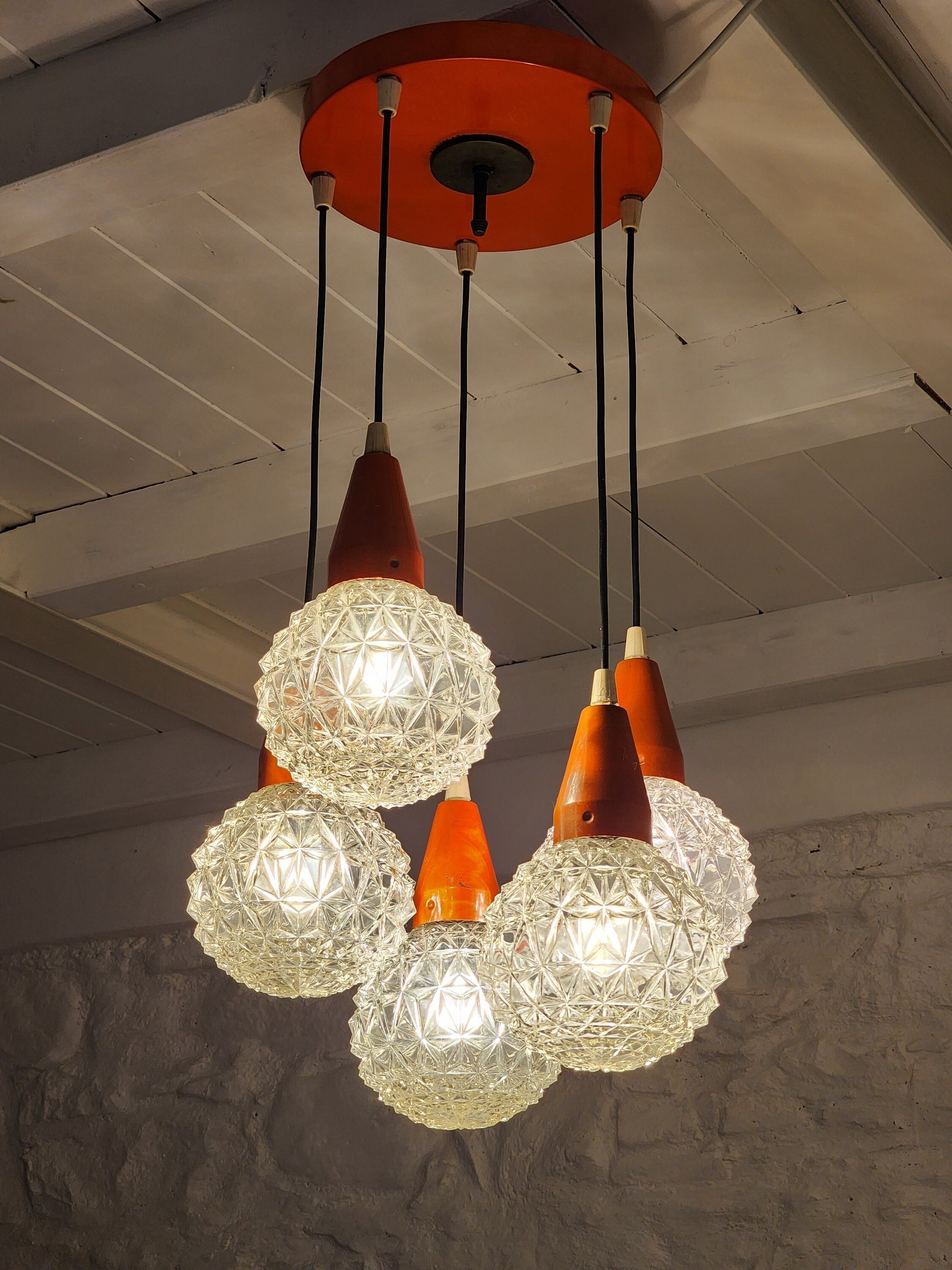 Italian Textured Glass Globes Chandelier Hanging Ceiling Lamp | Italian Midcentury Modern | 1960s
