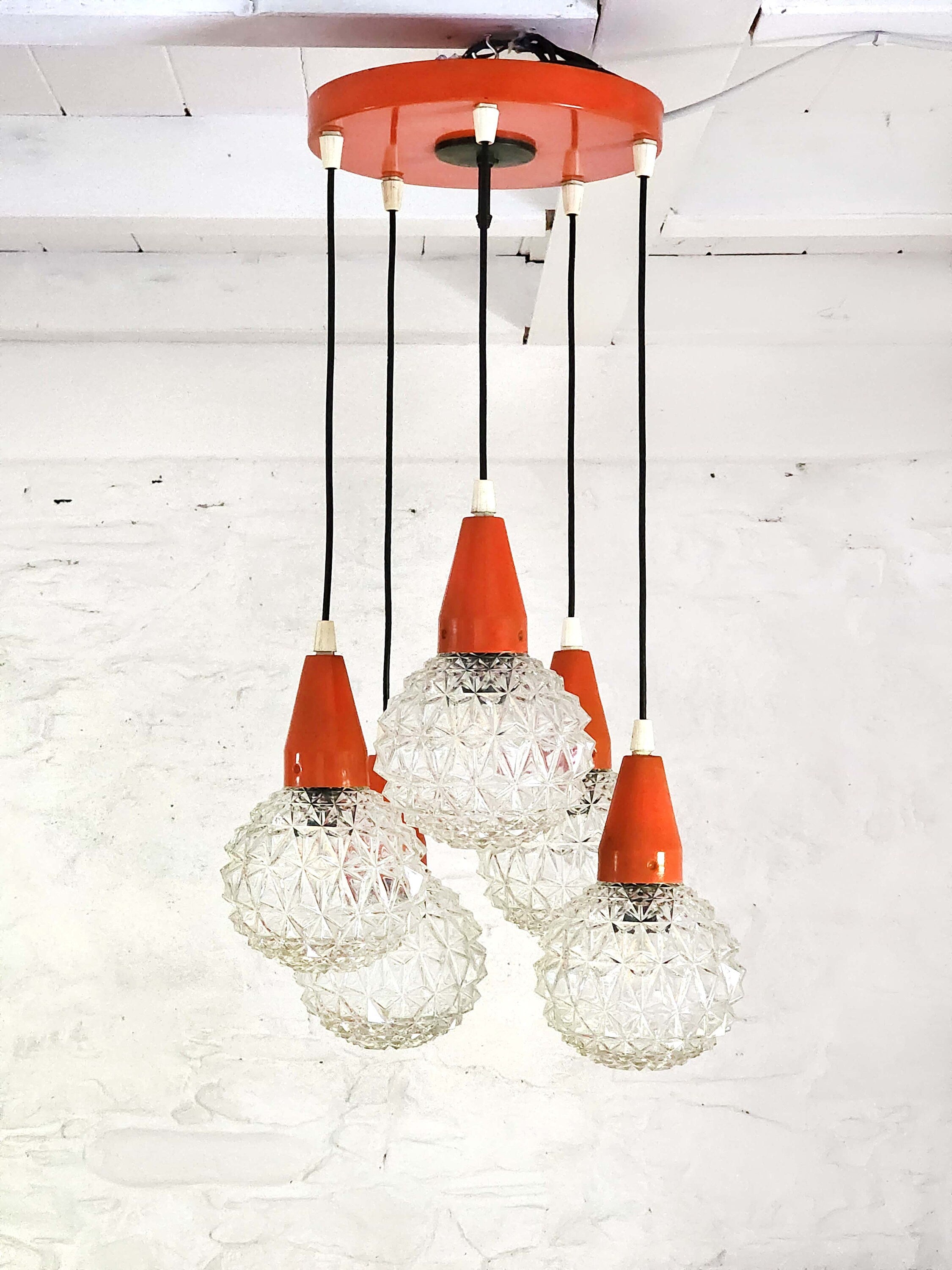 Italian Textured Glass Globes Chandelier Hanging Ceiling Lamp | Italian Midcentury Modern | 1960s