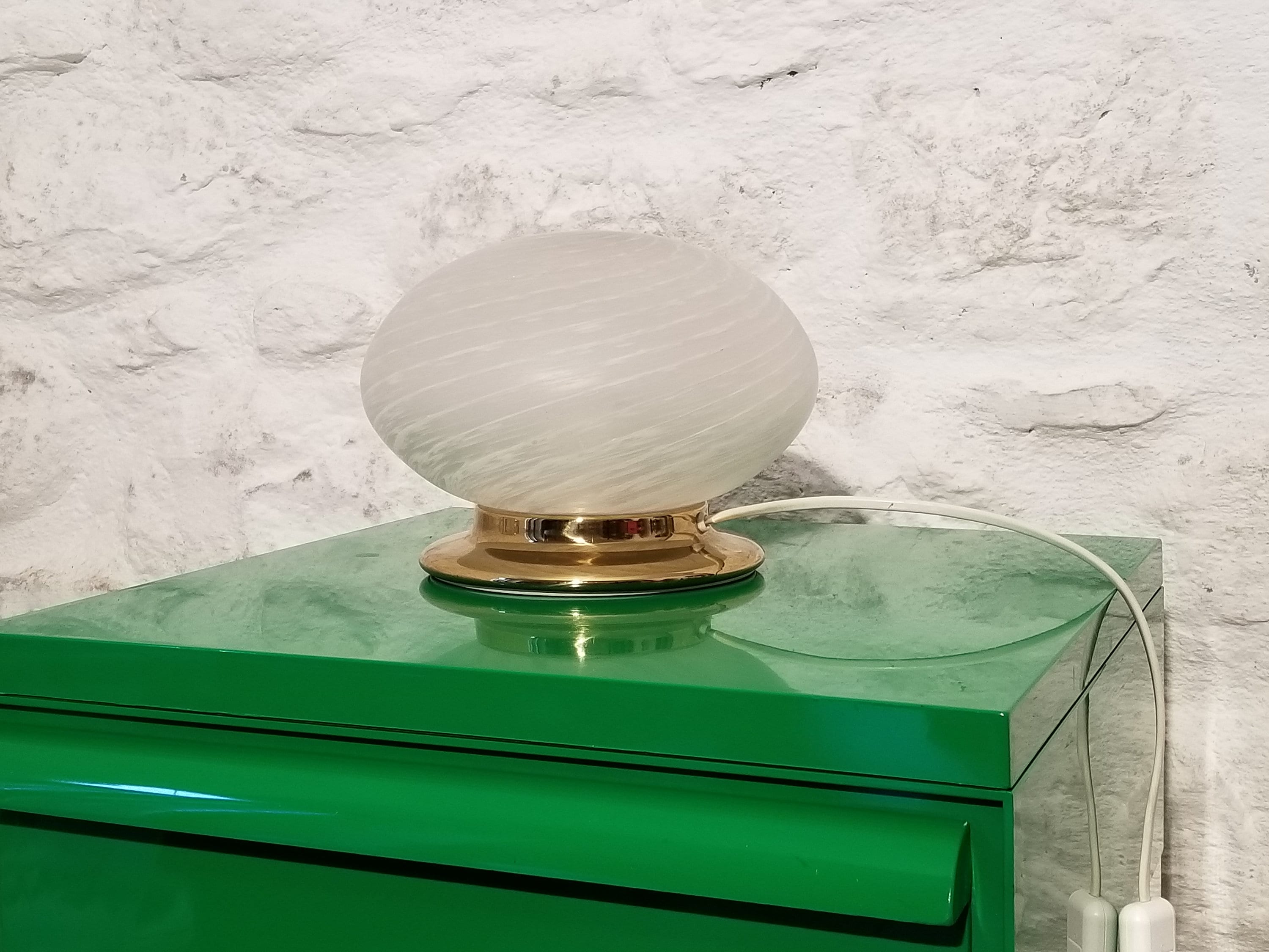 Murano Glass Swirl Lampshade Brass Base Table Lamps | Italian Midcentury Modern | 1960s