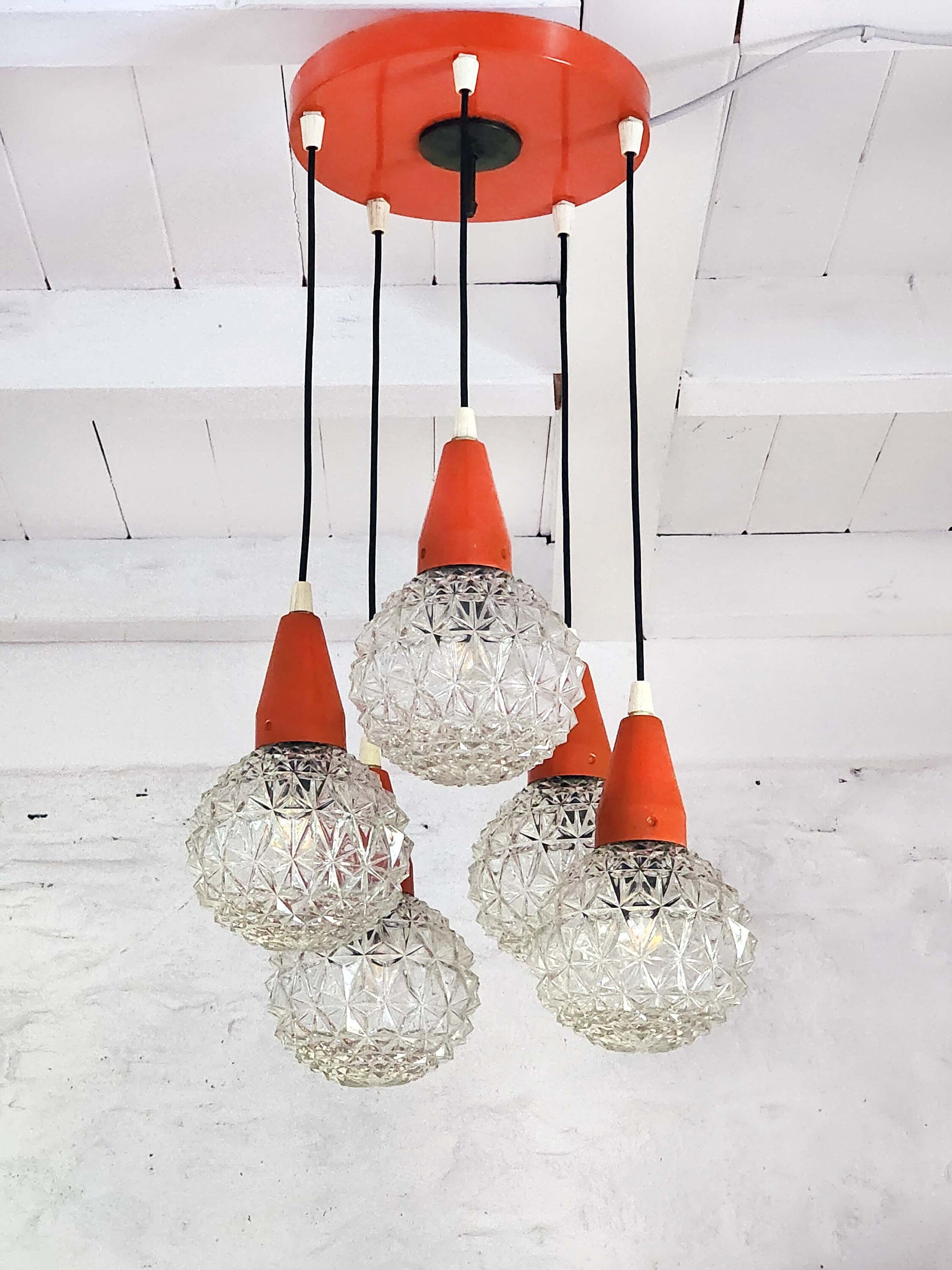Italian Textured Glass Globes Chandelier Hanging Ceiling Lamp | Italian Midcentury Modern | 1960s