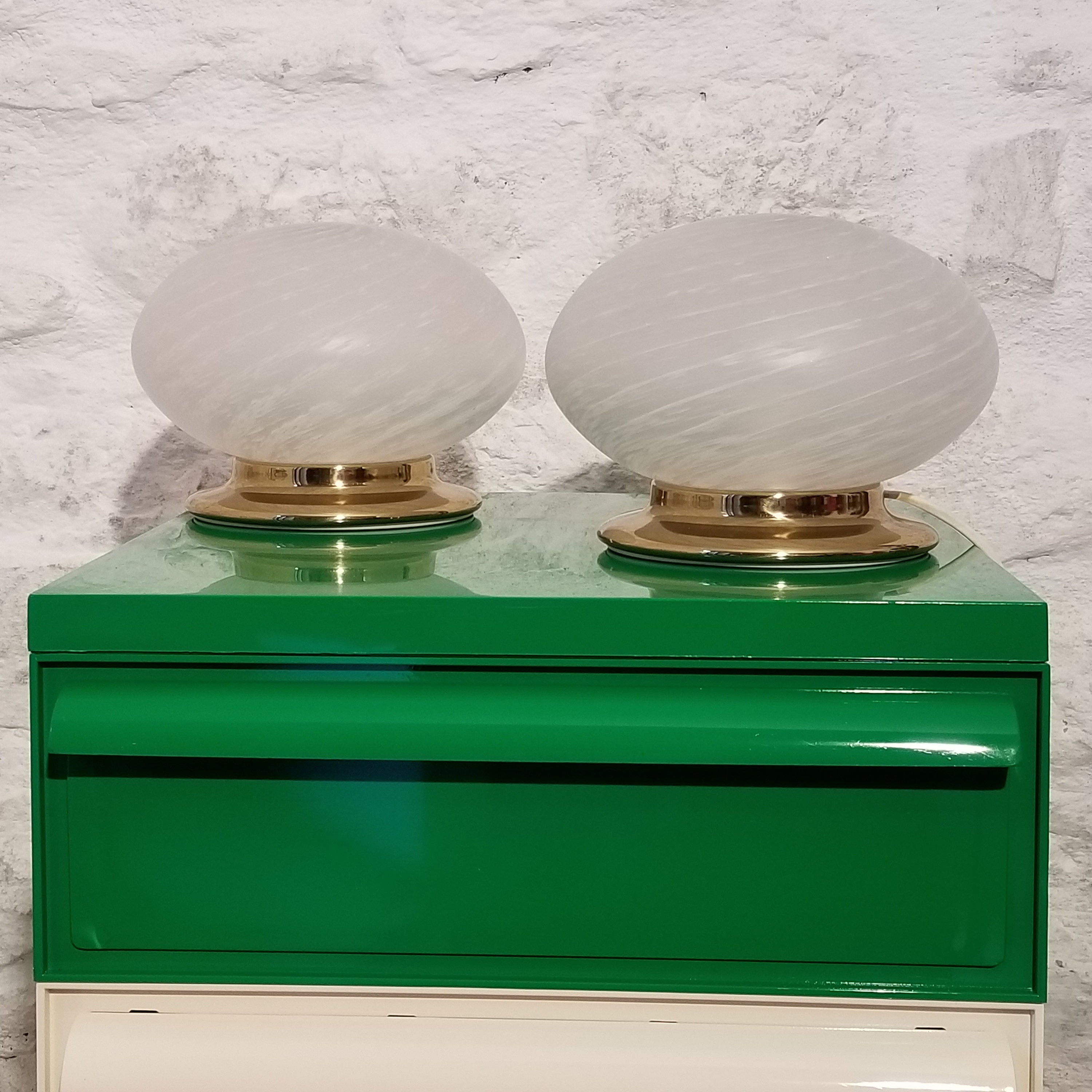 Murano Glass Swirl Lampshade Brass Base Table Lamps | Italian Midcentury Modern | 1960s