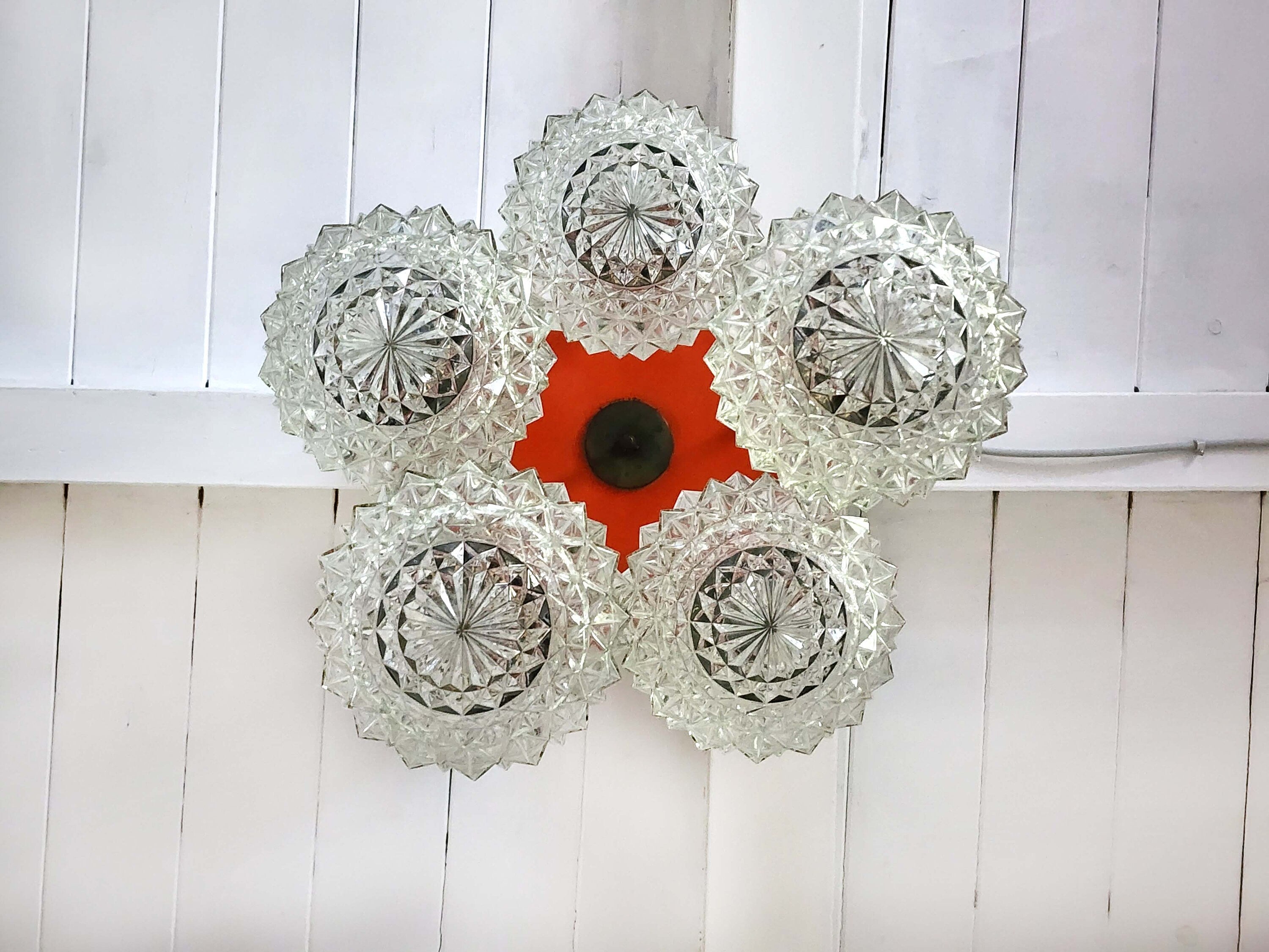 Italian Textured Glass Globes Chandelier Hanging Ceiling Lamp | Italian Midcentury Modern | 1960s