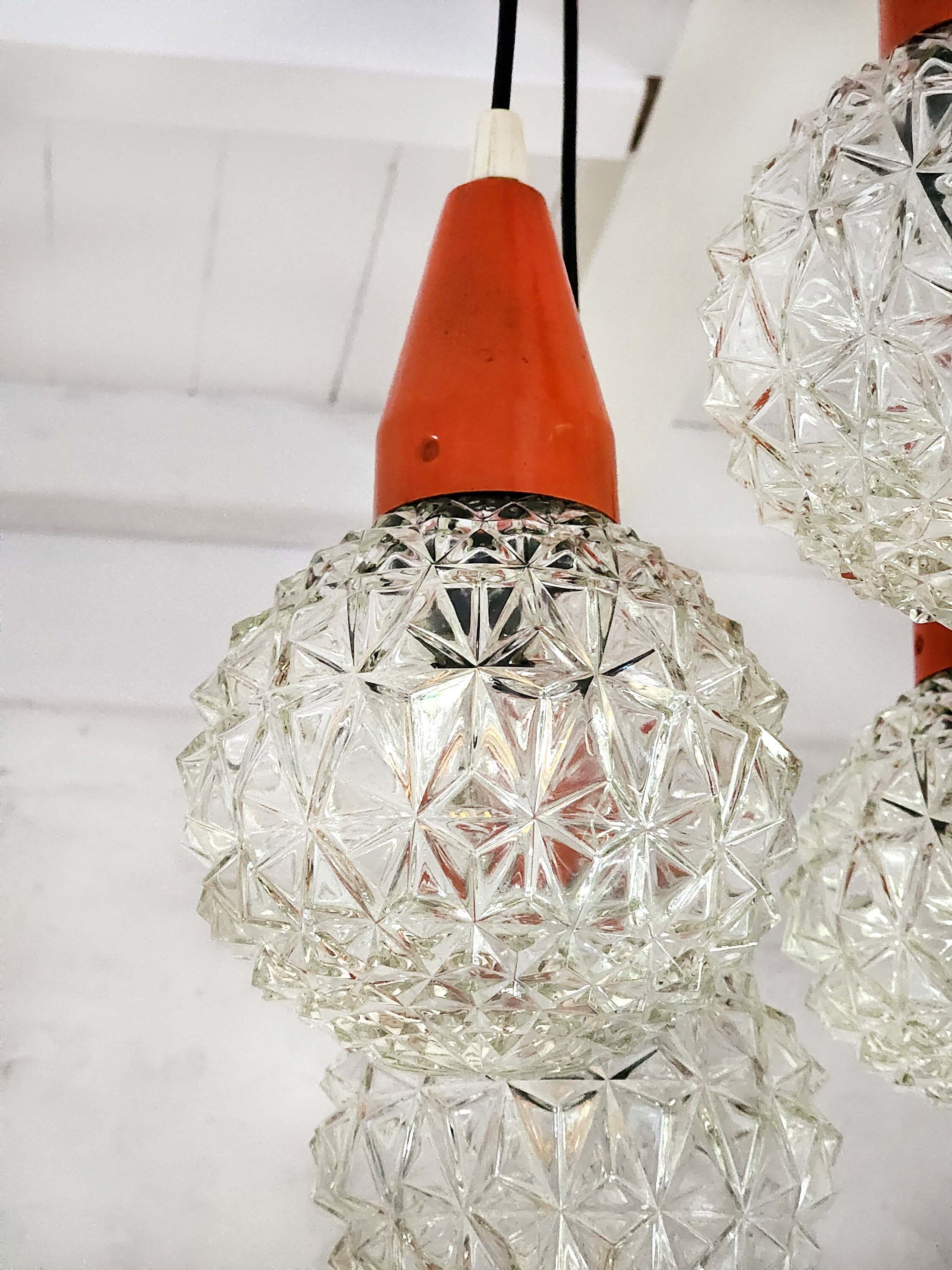 Italian Textured Glass Globes Chandelier Hanging Ceiling Lamp | Italian Midcentury Modern | 1960s