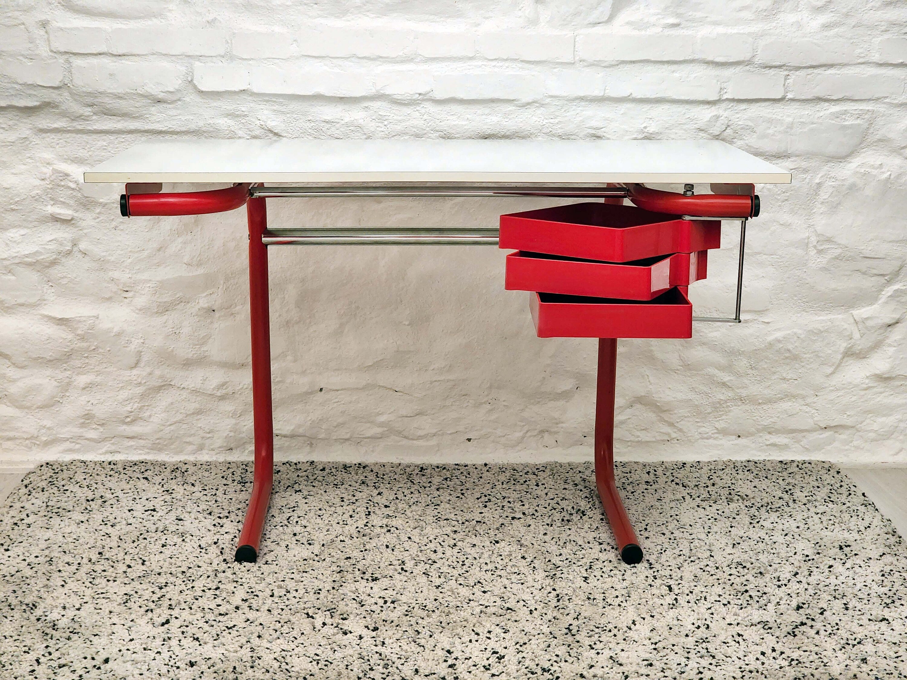 Drafting Table/Desk in Red by Joe Colombo for Bieffeplast | Italian Space Age | 1970s