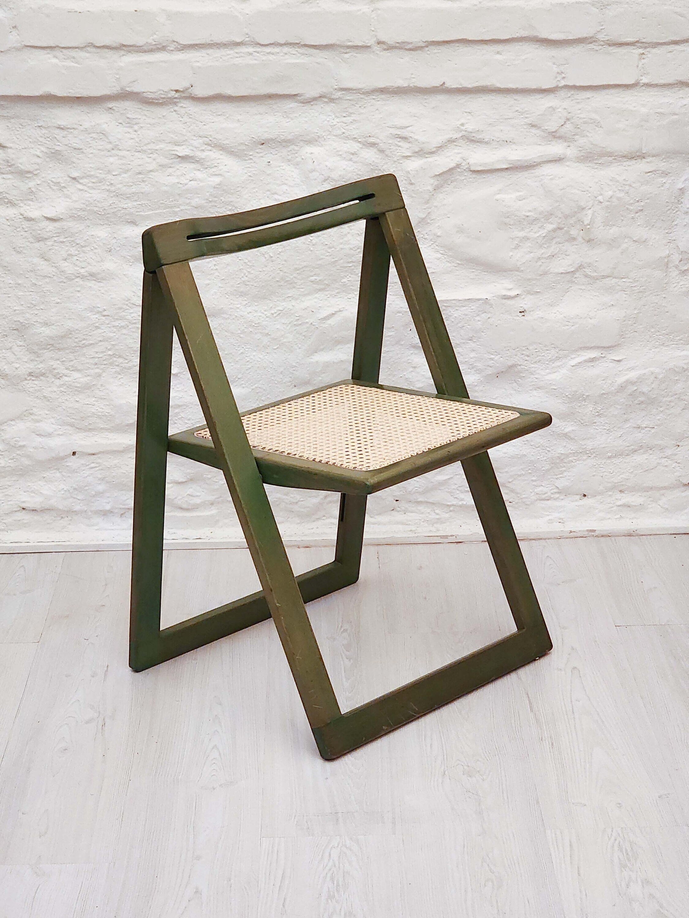 Folding Caned Seat Chair in Green Lacquer in the Style of Trieste by Aldo Jacober for Alberto Bazzani | Italian Vintage Design | 1960s