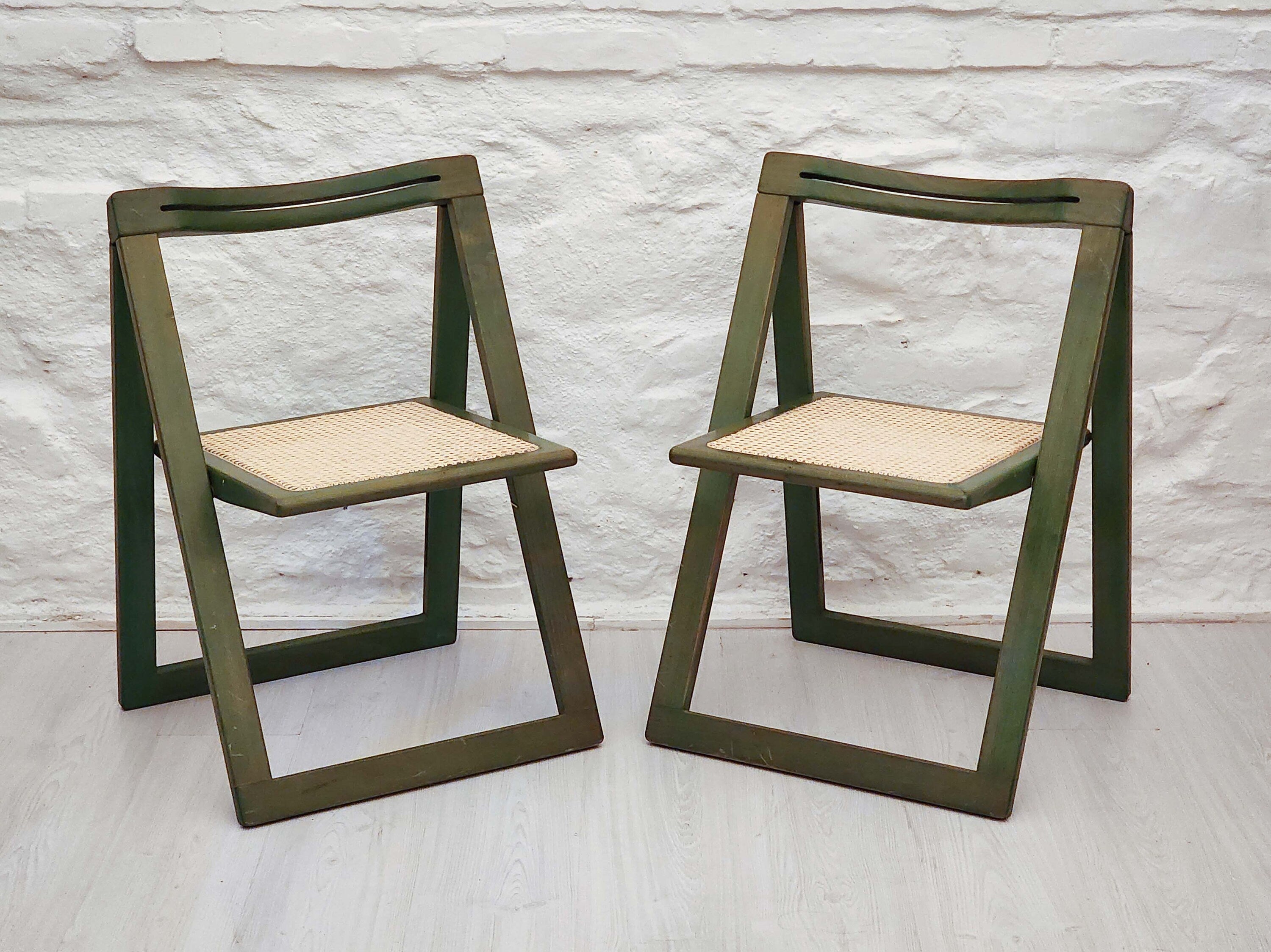 Folding Caned Seat Chair in Green Lacquer in the Style of Trieste by Aldo Jacober for Alberto Bazzani | Italian Vintage Design | 1960s