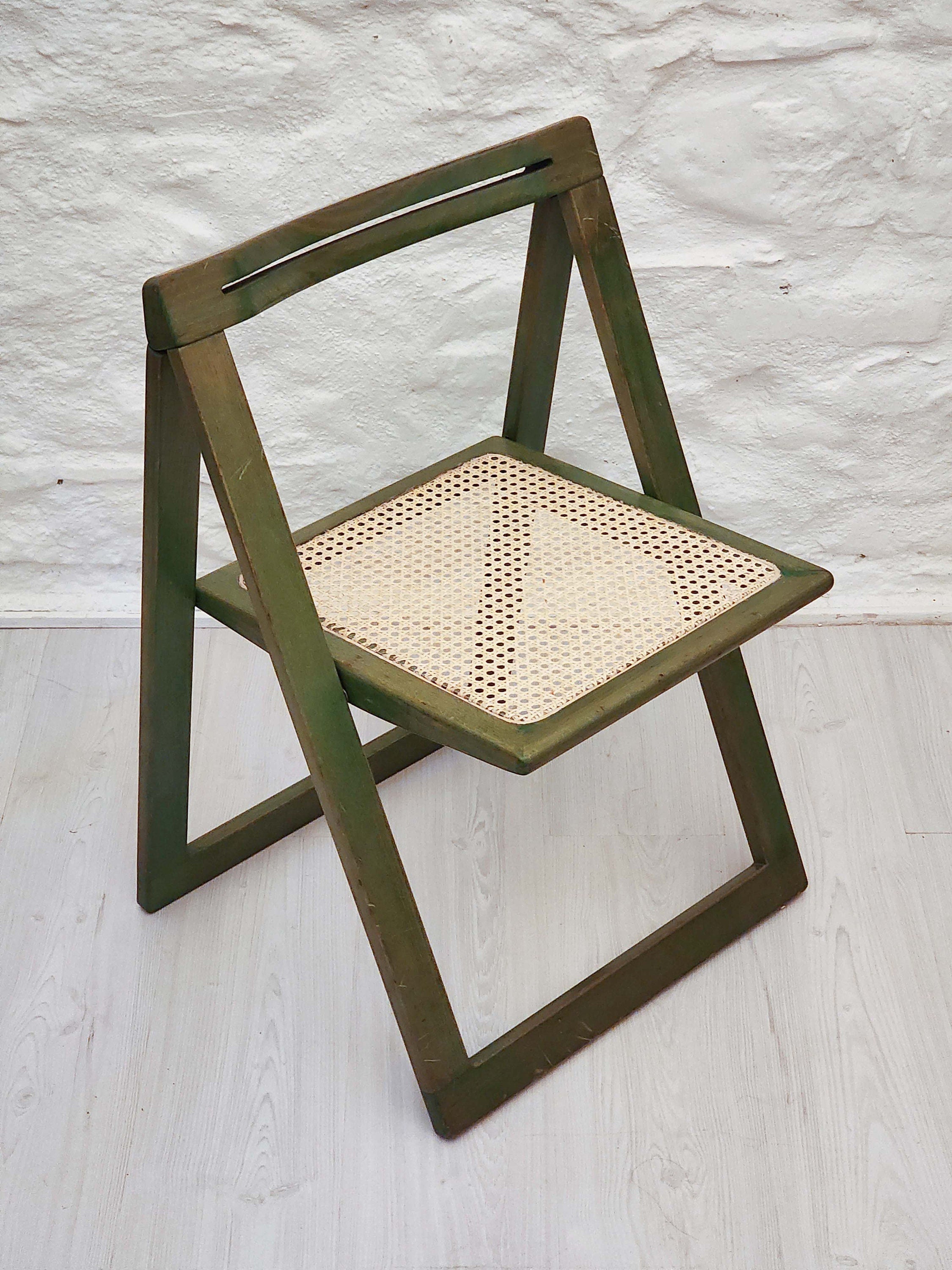 Folding Caned Seat Chair in Green Lacquer in the Style of Trieste by Aldo Jacober for Alberto Bazzani | Italian Vintage Design | 1960s