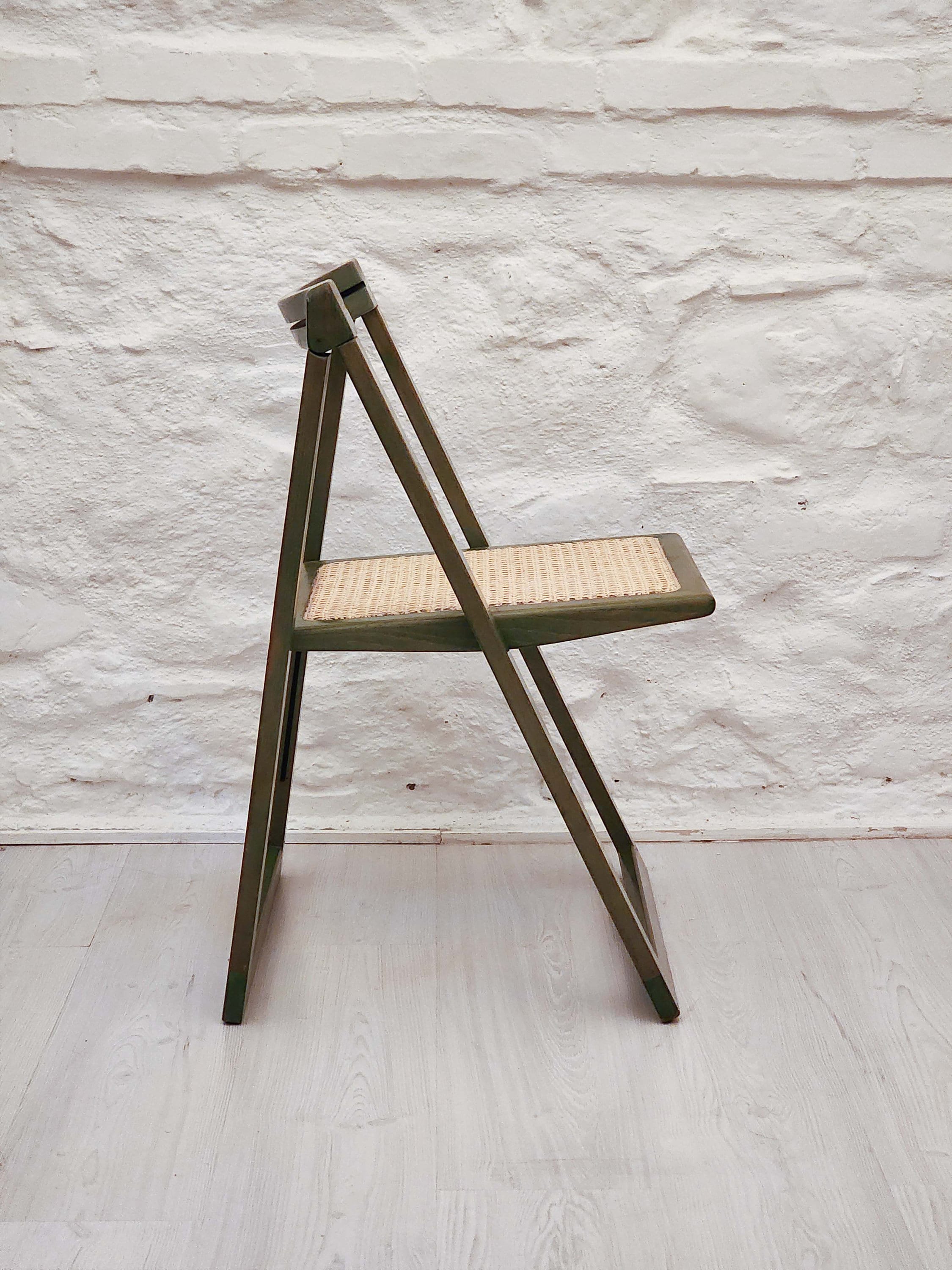 Folding Caned Seat Chair in Green Lacquer in the Style of Trieste by Aldo Jacober for Alberto Bazzani | Italian Vintage Design | 1960s