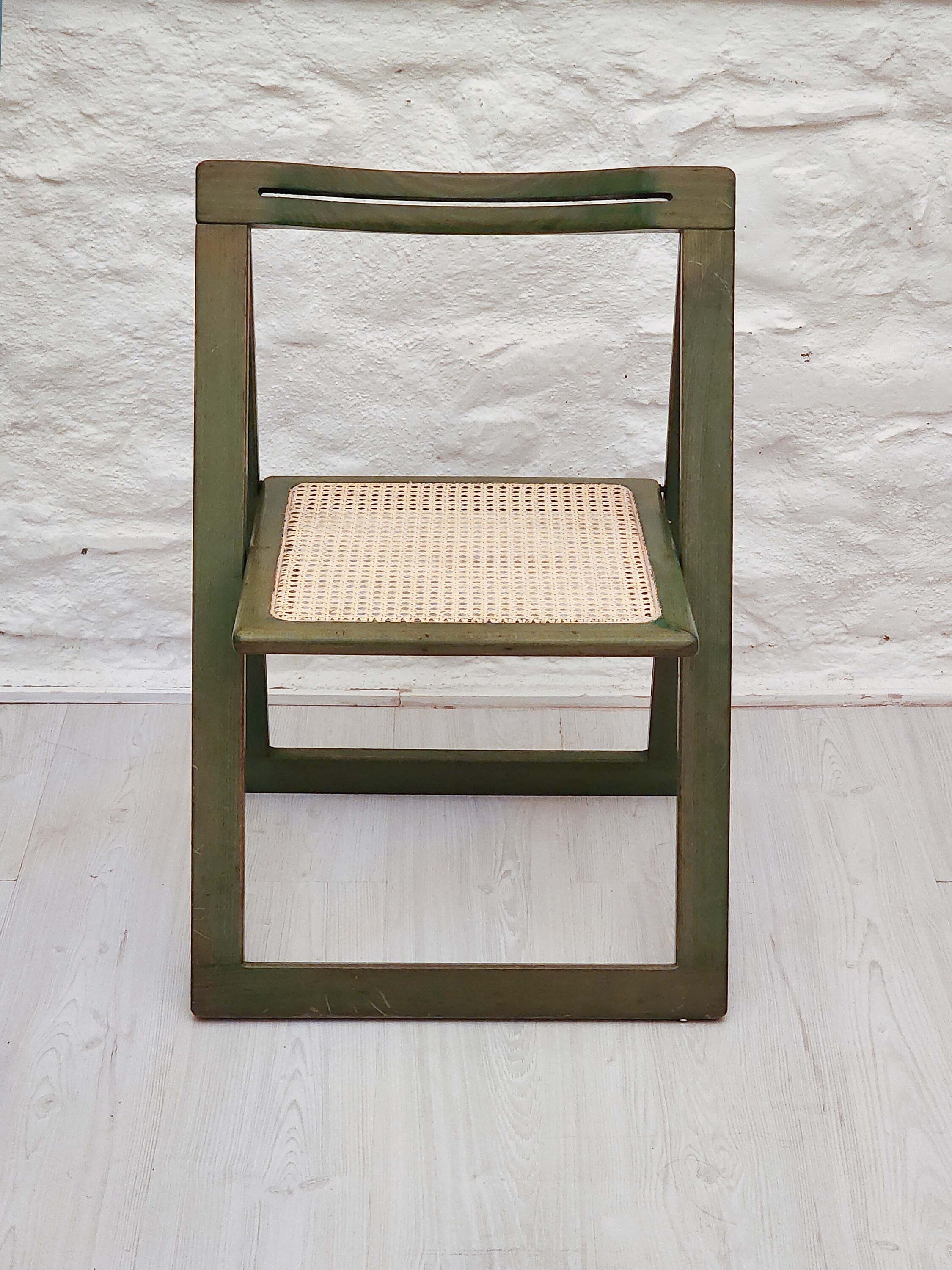 Folding Caned Seat Chair in Green Lacquer in the Style of Trieste by Aldo Jacober for Alberto Bazzani | Italian Vintage Design | 1960s