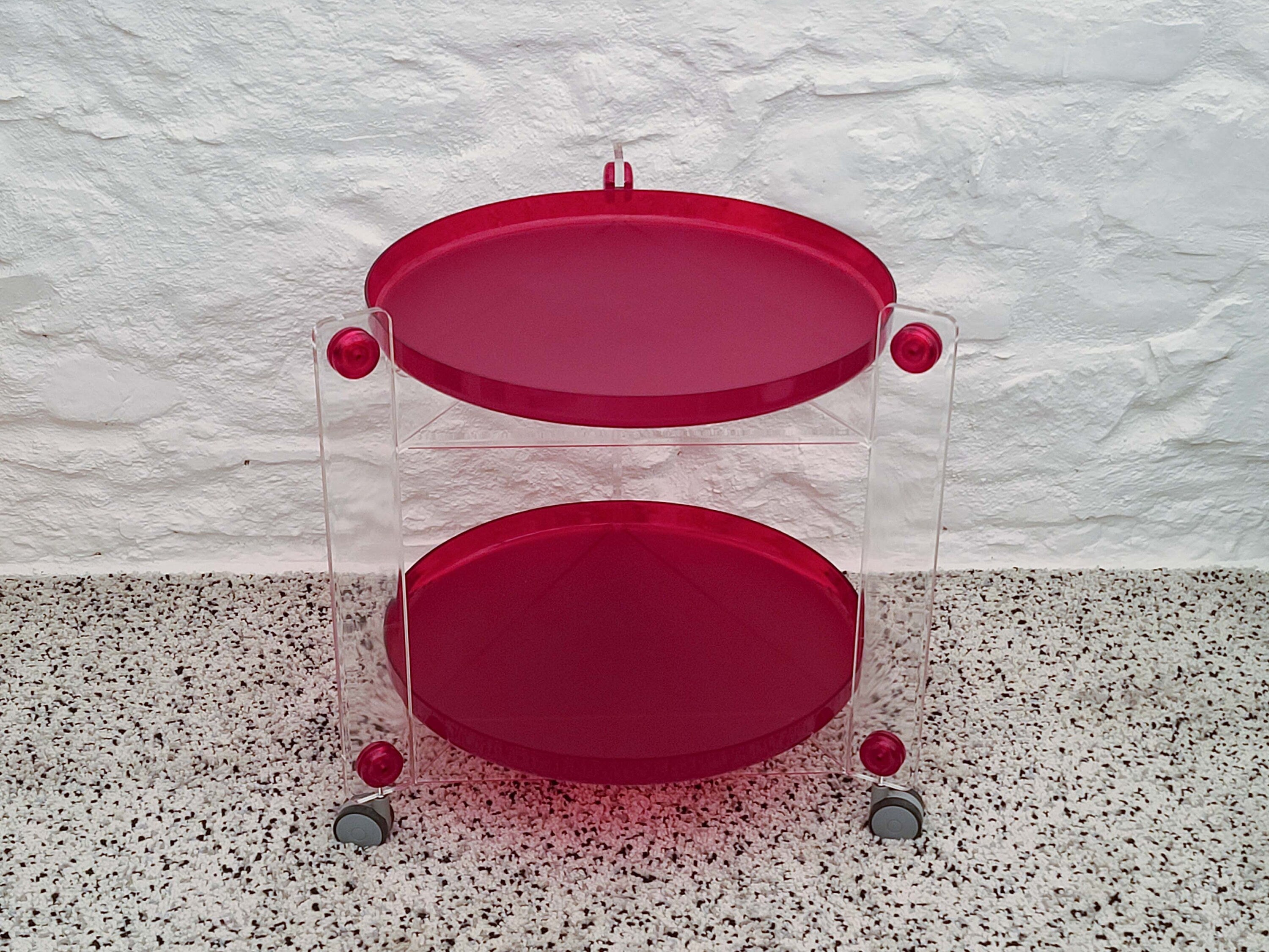 Bar Cart Drinks Trolley Table in Red & Clear by Luigi Massoni for Guzzini  | Italian Space Age | Postmodern | 1970s