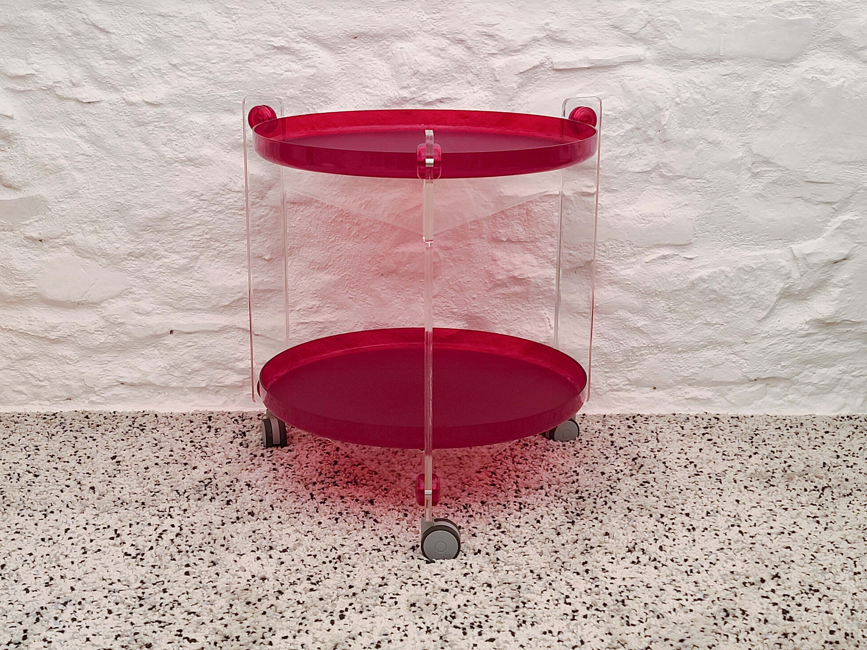 Bar Cart Drinks Trolley Table in Red & Clear by Luigi Massoni for Guzzini  | Italian Space Age | Postmodern | 1970s