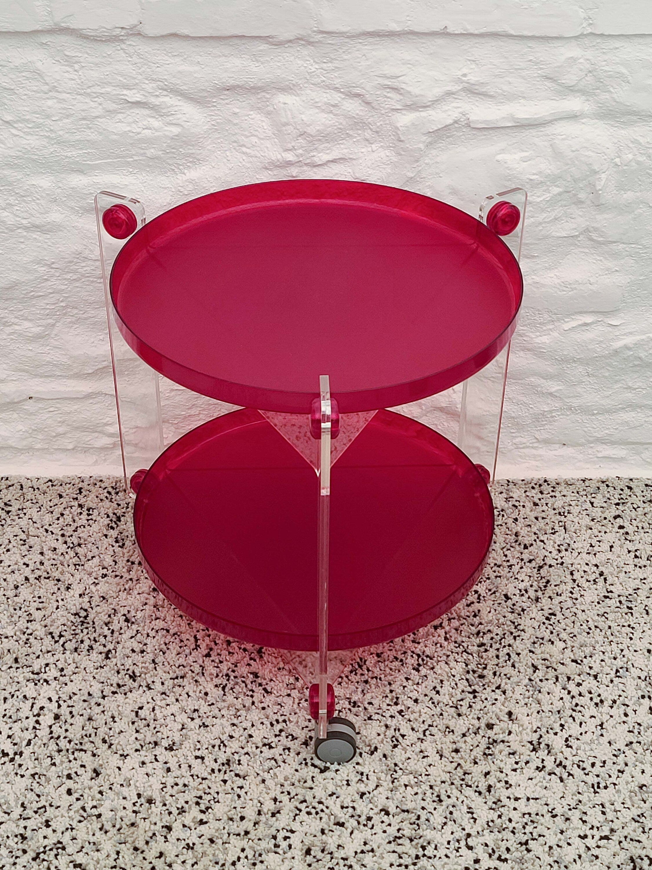 Bar Cart Drinks Trolley Table in Red & Clear by Luigi Massoni for Guzzini  | Italian Space Age | Postmodern | 1970s