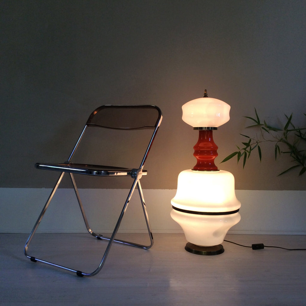 Multi-Tiered White and Orange Murano Opaline Glass Floor Lamp in | Italian Space Age | 1970s