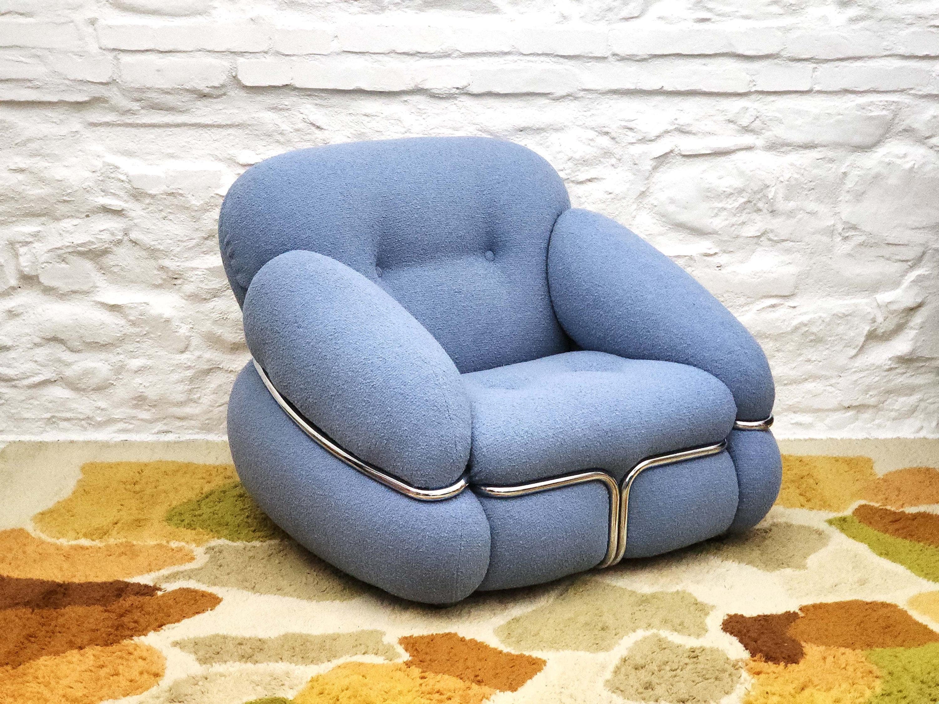 Lounge Chair in Blue Boucle in style of Adriano Piazzesi Okay | Italian Space Age | 1970s