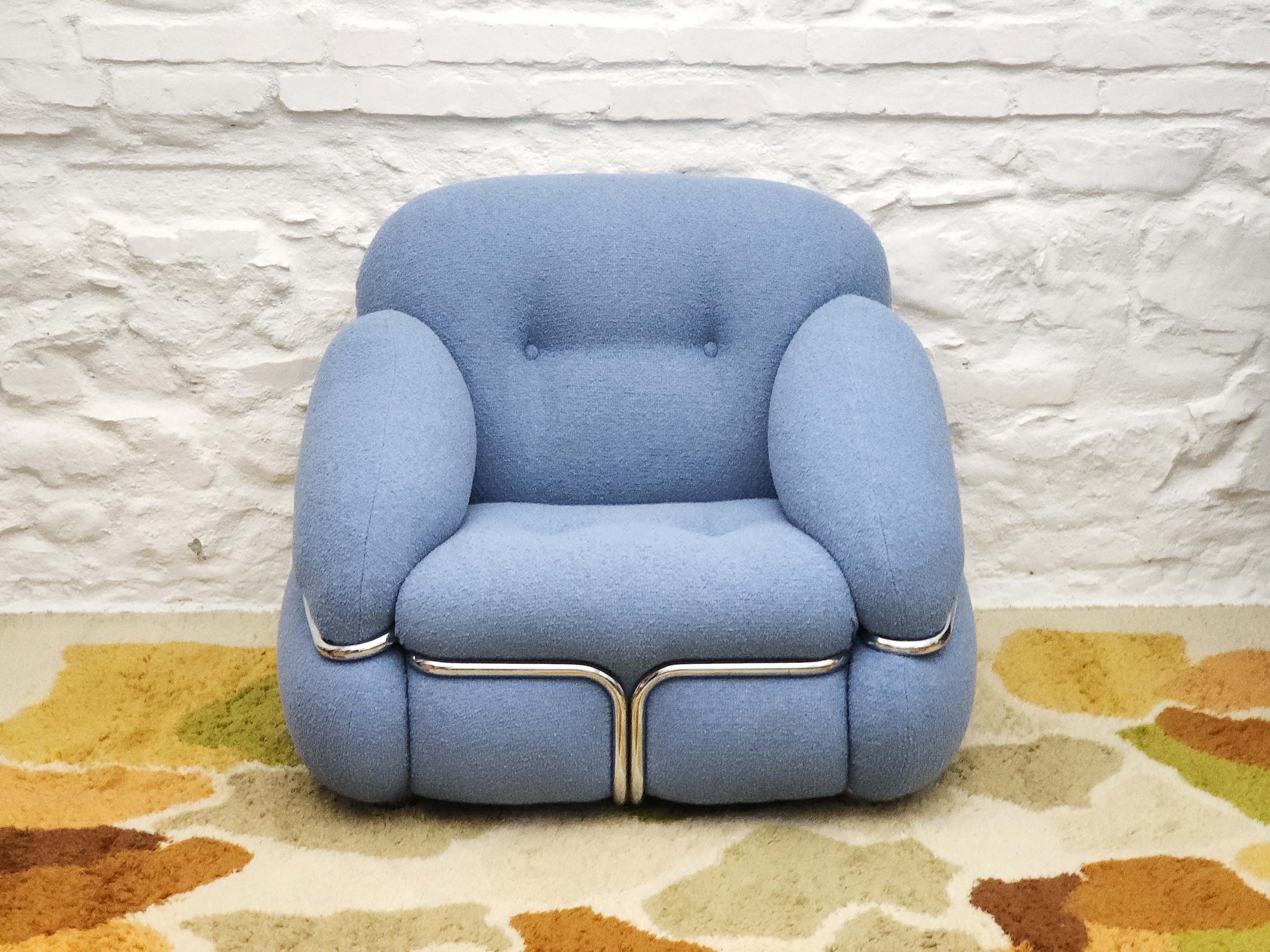 Lounge Chair in Blue Boucle in style of Adriano Piazzesi Okay | Italian Space Age | 1970s