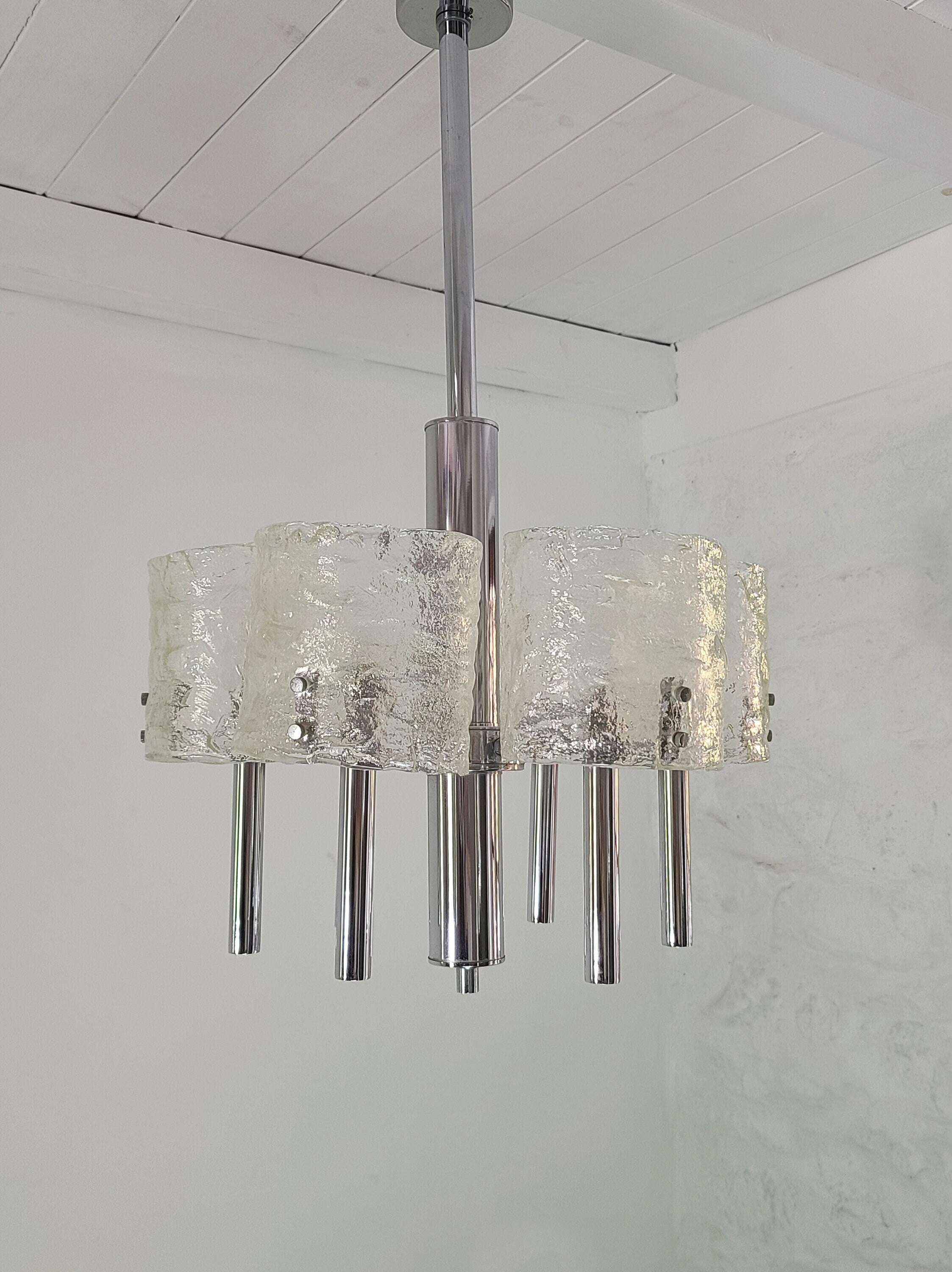 Murano Glass and Chrome Chandelier by Carlo Nason for Mazzega | Italian Midcentury Modern | 1960s