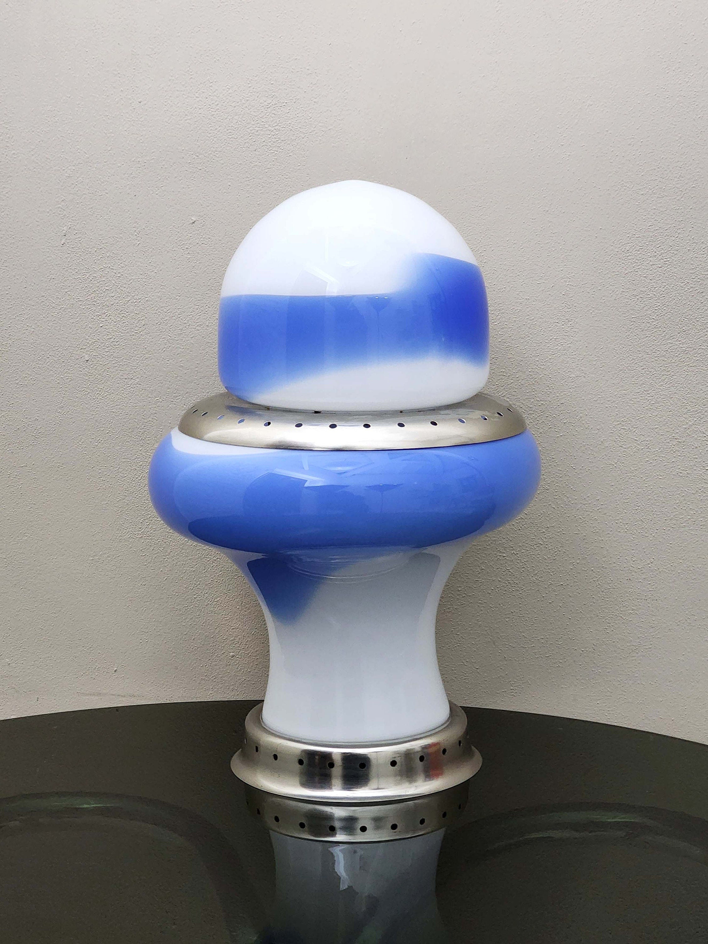 Murano Glass Swirl Table Lamp in Blue and White | Italian Space Age | 1970s