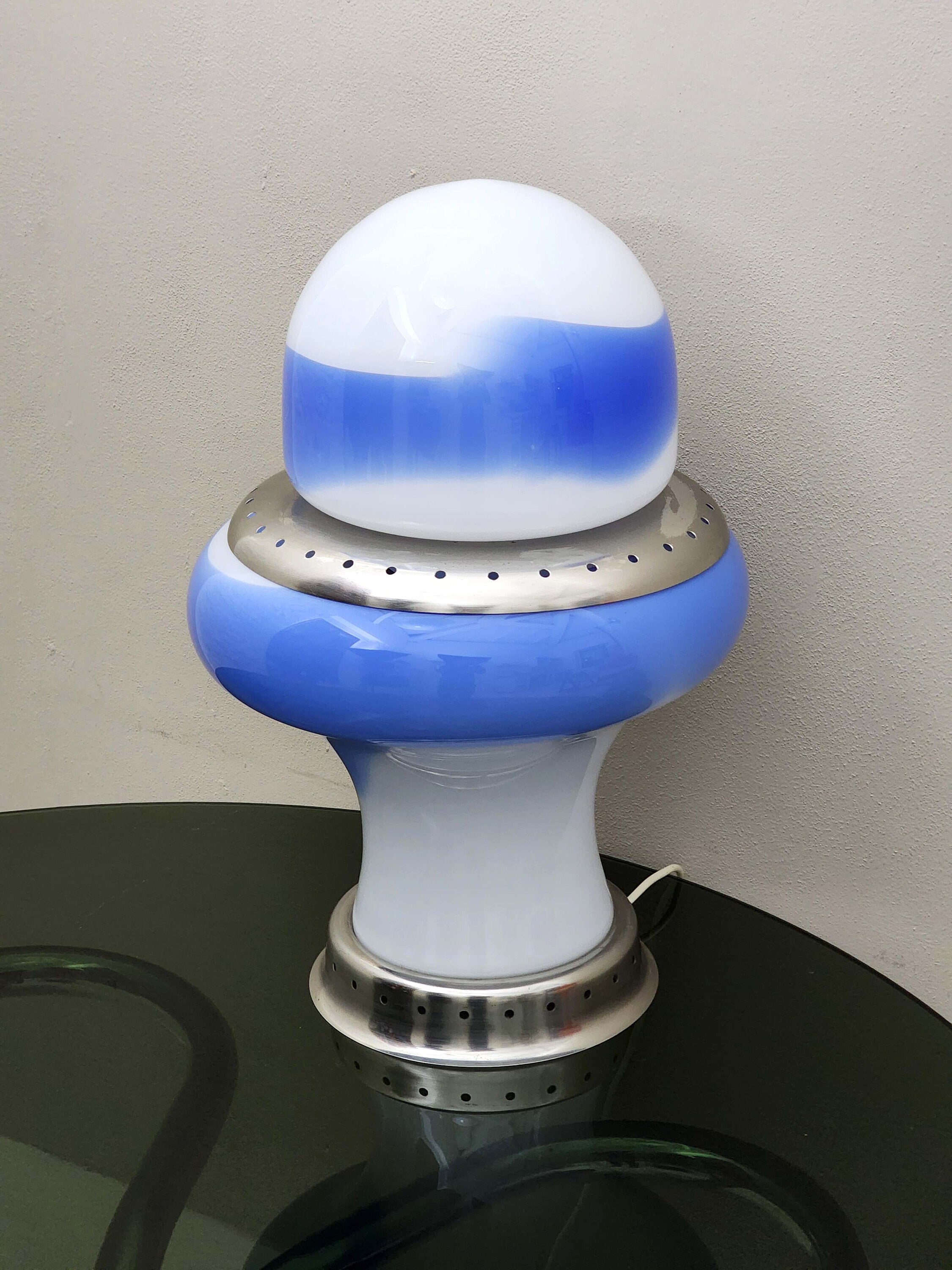 Murano Glass Swirl Table Lamp in Blue and White | Italian Space Age | 1970s