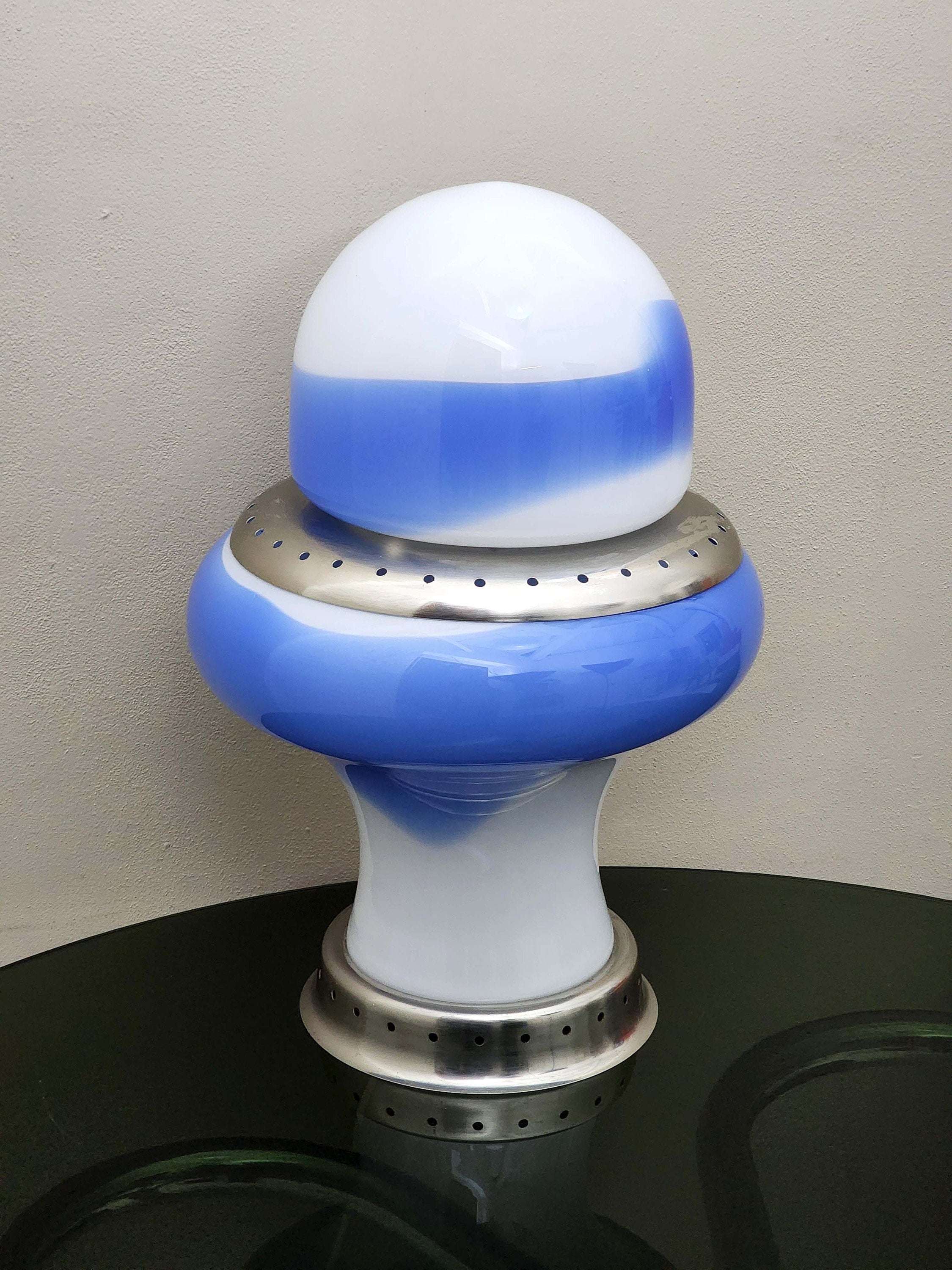 Murano Glass Swirl Table Lamp in Blue and White | Italian Space Age | 1970s