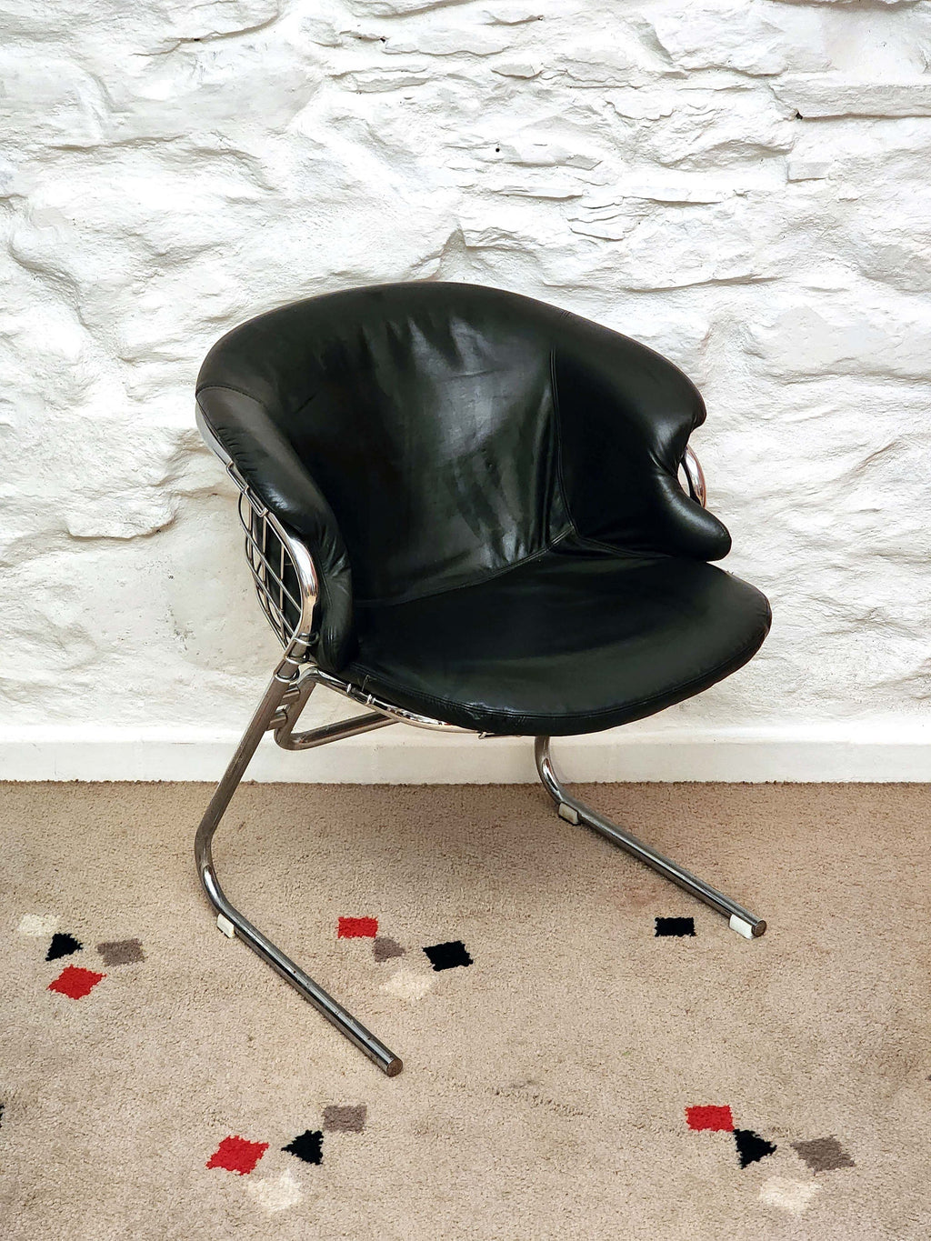 Flynn Chrome and Black Leather Dining Chairs by Gaetano Rinaldi for Thema | Italian Space Age | 1970s