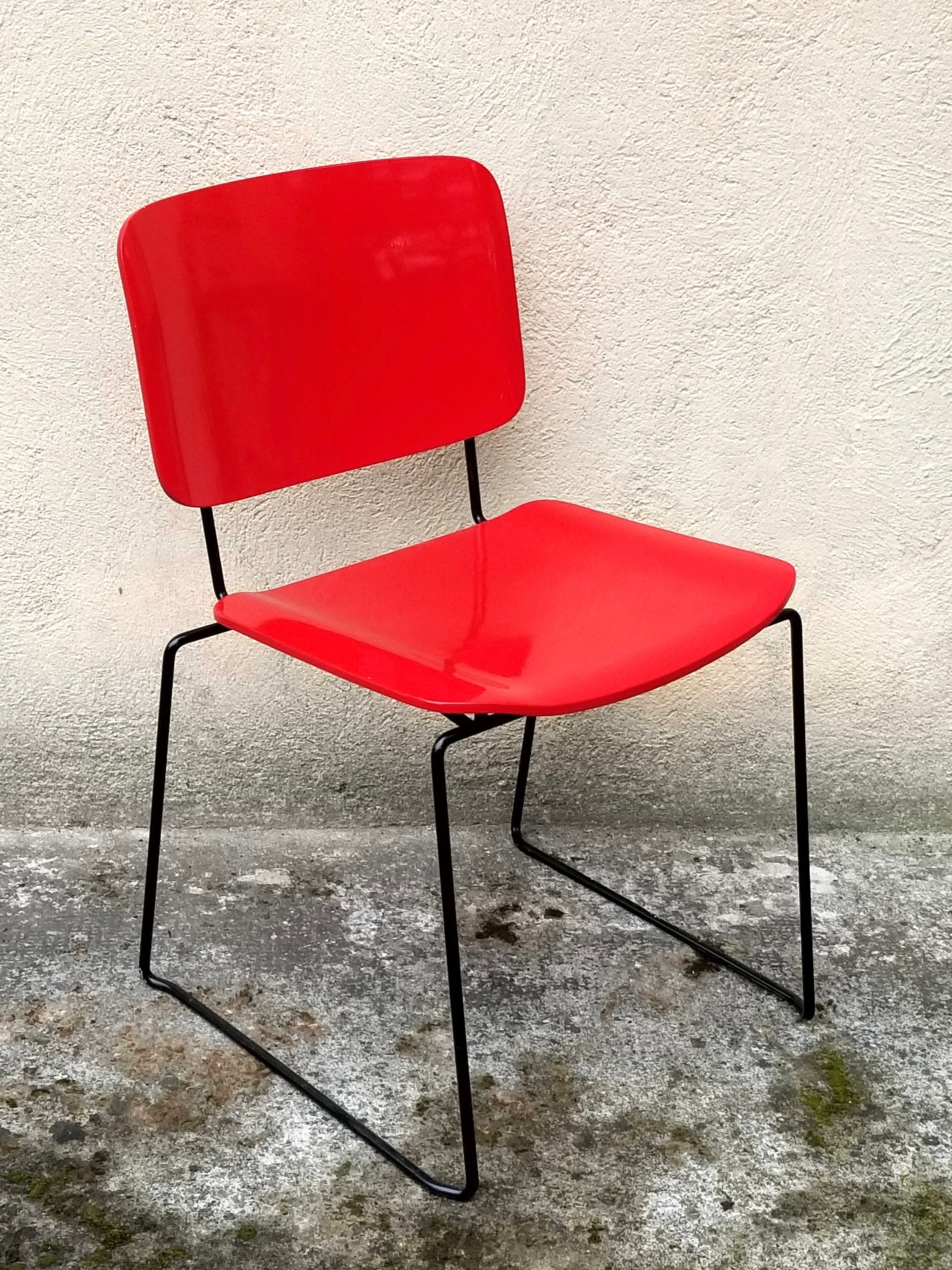 Minimalist Stacking Dining Chairs in Red and Black by Bononia | Italian Postmodern | 1980s | 1 of 4