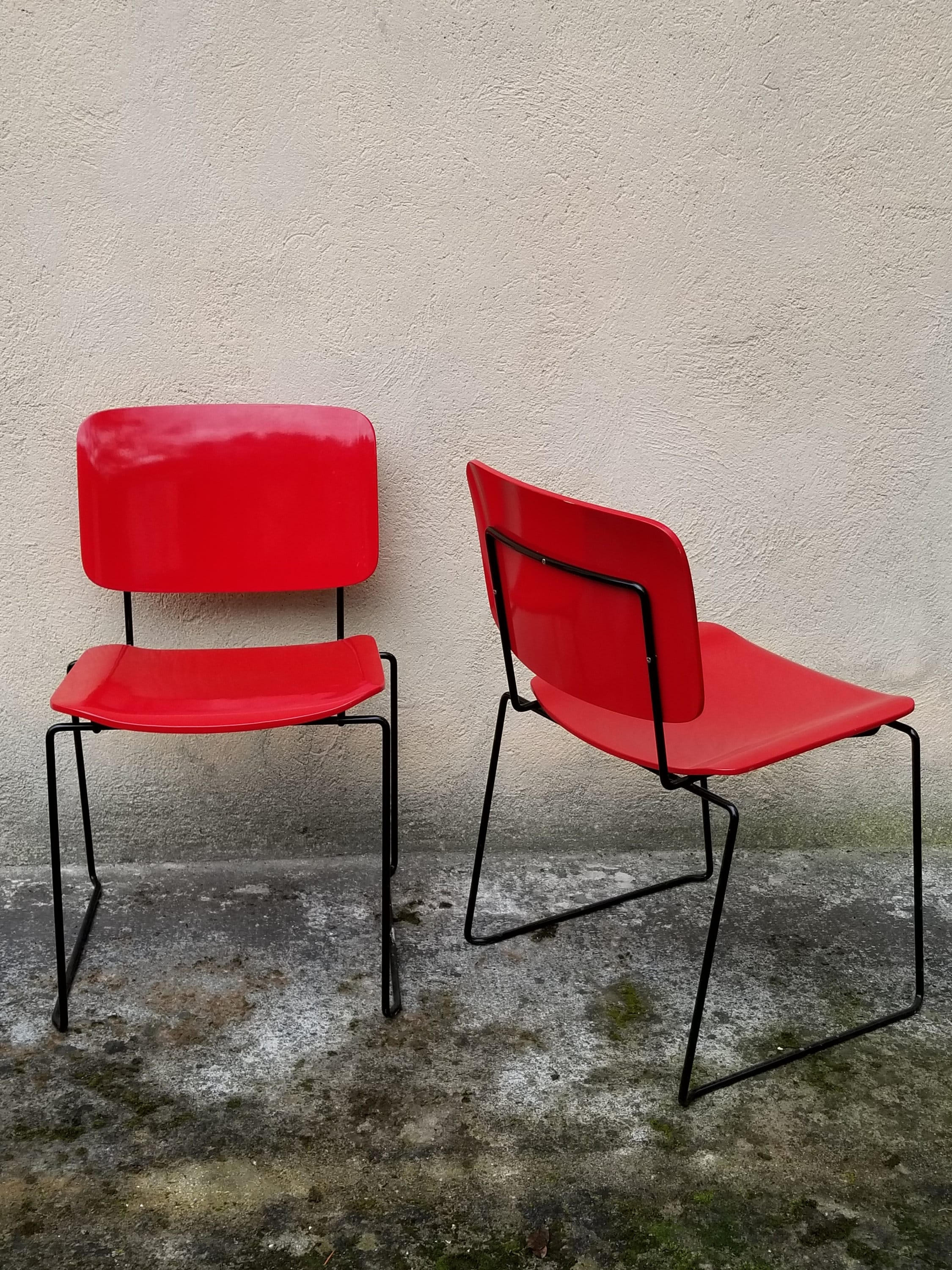 Minimalist Stacking Dining Chairs in Red and Black by Bononia | Italian Postmodern | 1980s | 1 of 4