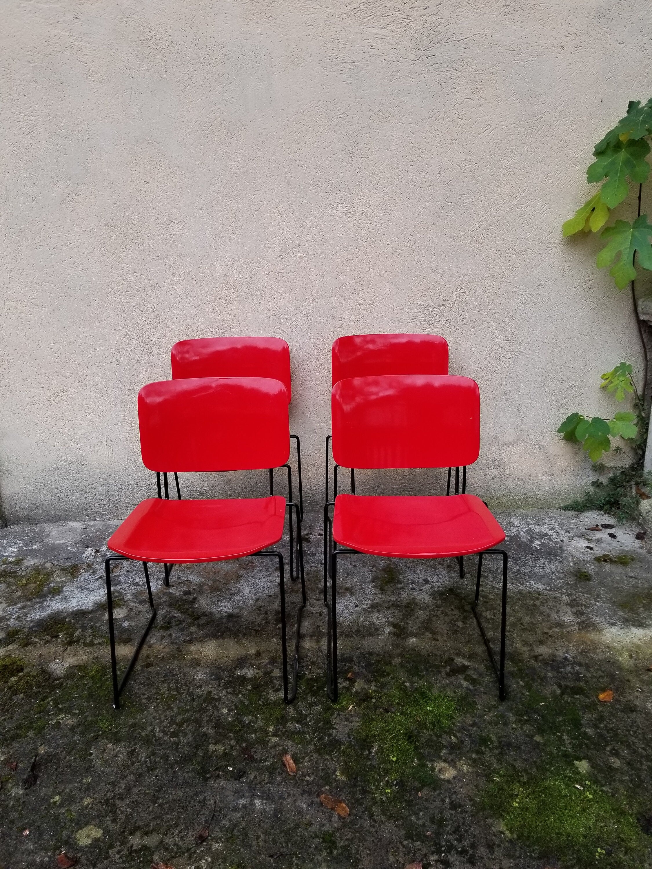 Minimalist Stacking Dining Chairs in Red and Black by Bononia | Italian Postmodern | 1980s | 1 of 4