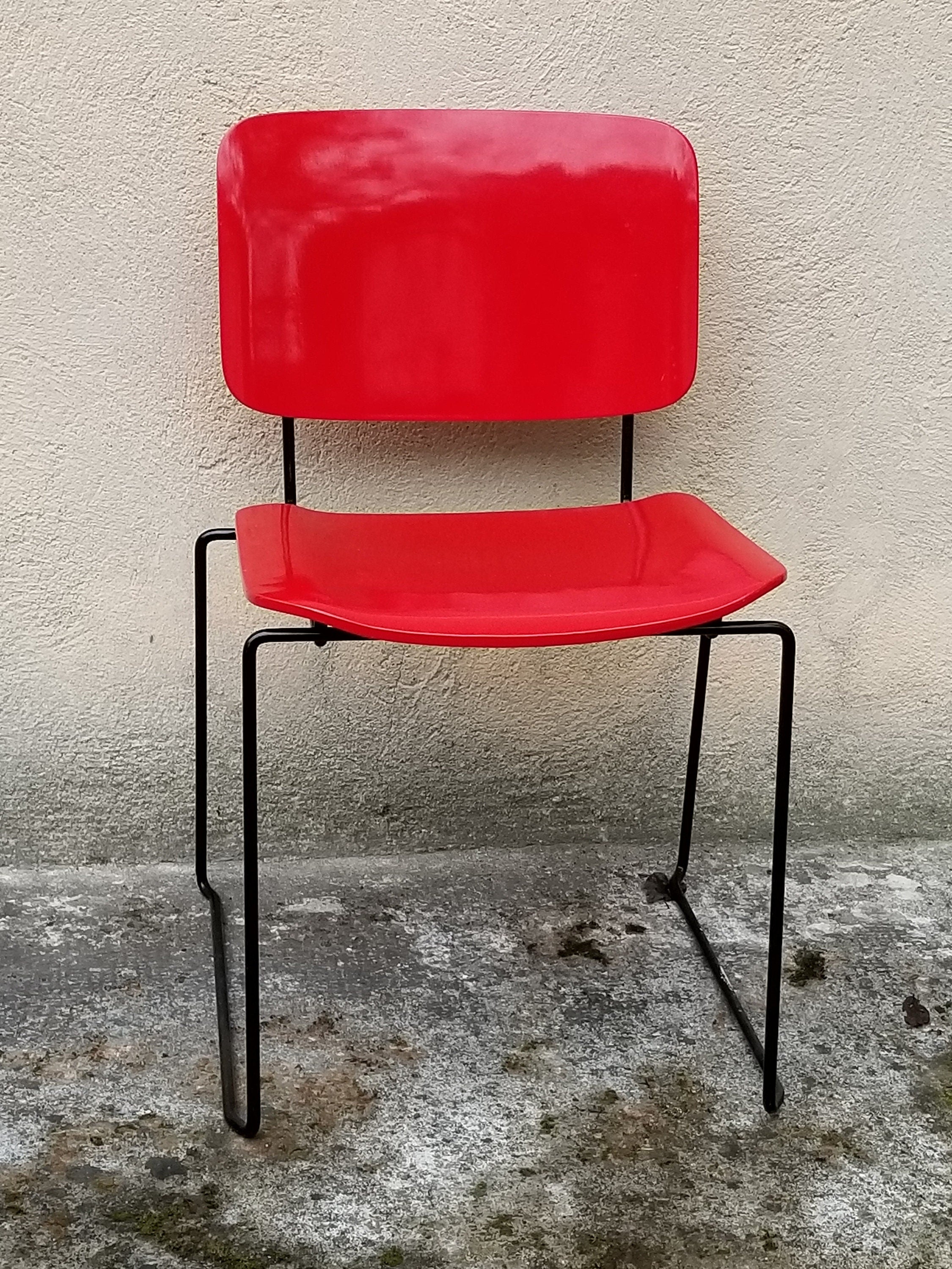 Minimalist Stacking Dining Chairs in Red and Black by Bononia | Italian Postmodern | 1980s | 1 of 4