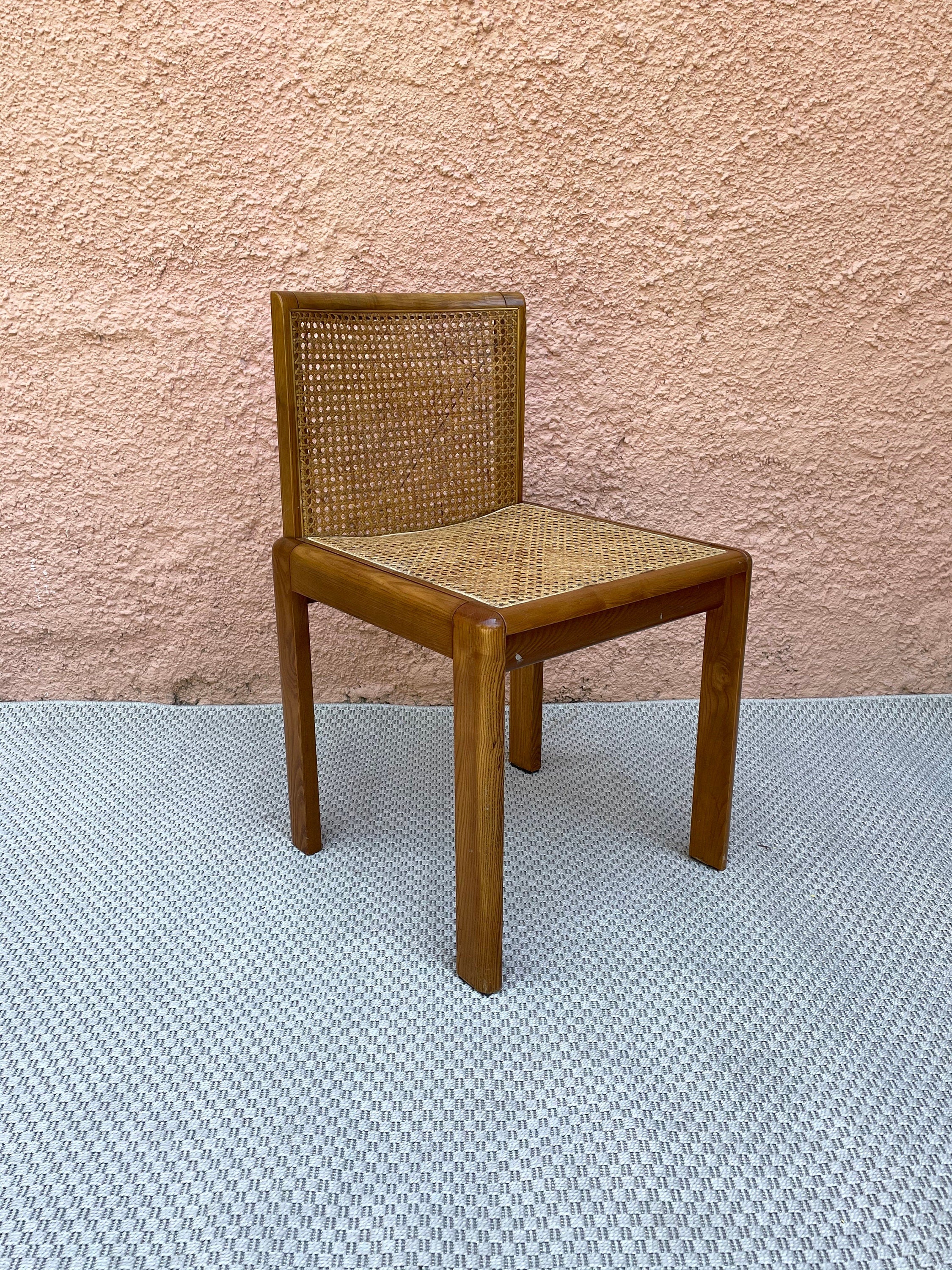 Wooden Caned Dining Side Chairs | Italian Mid-century Modern | 1960s (Set of 4)