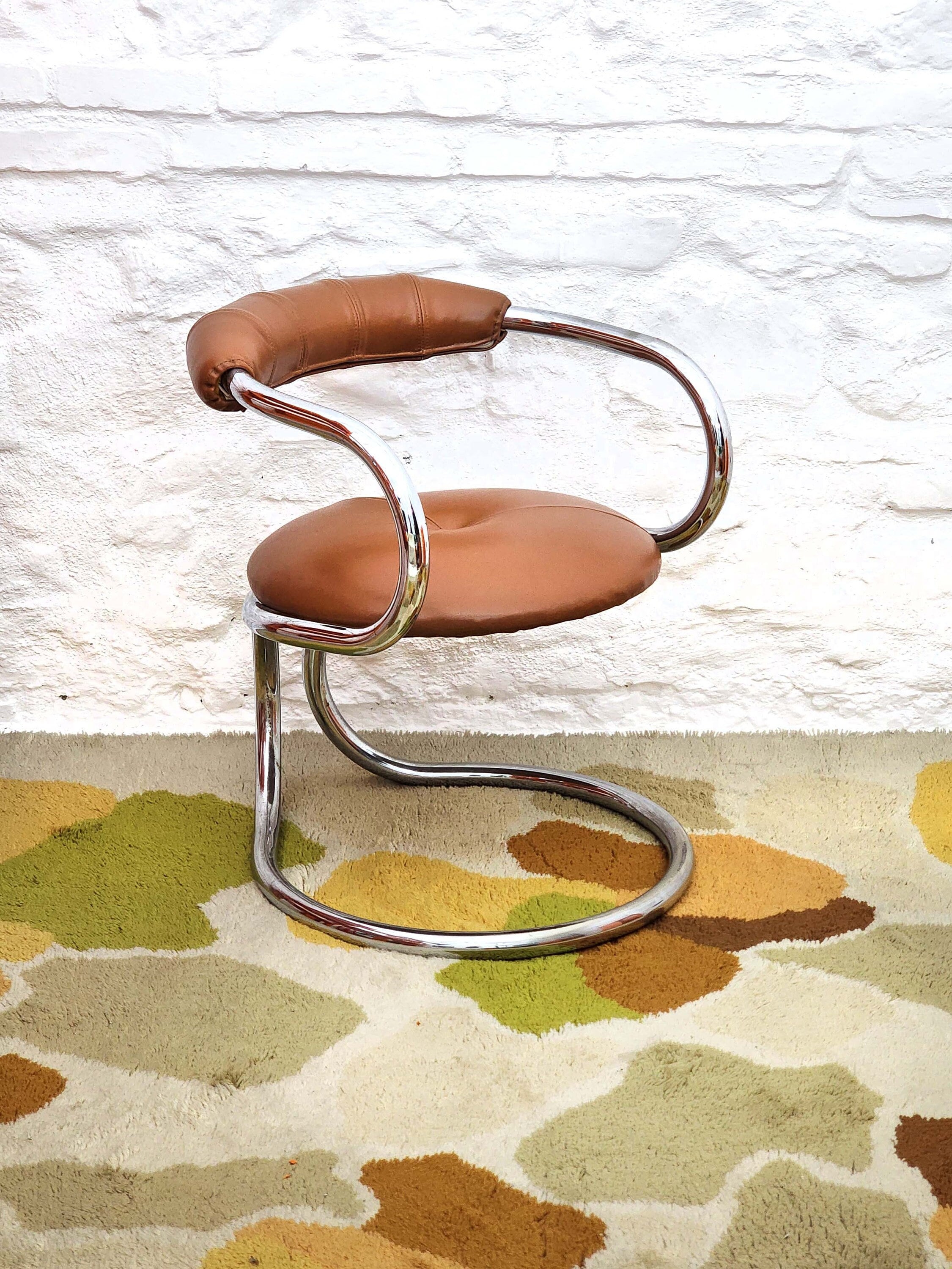 Chrome Tubular Dining Chair in Brown Leather by Bonzanini for Tecnosalotto | Italian Space Age | 1970s