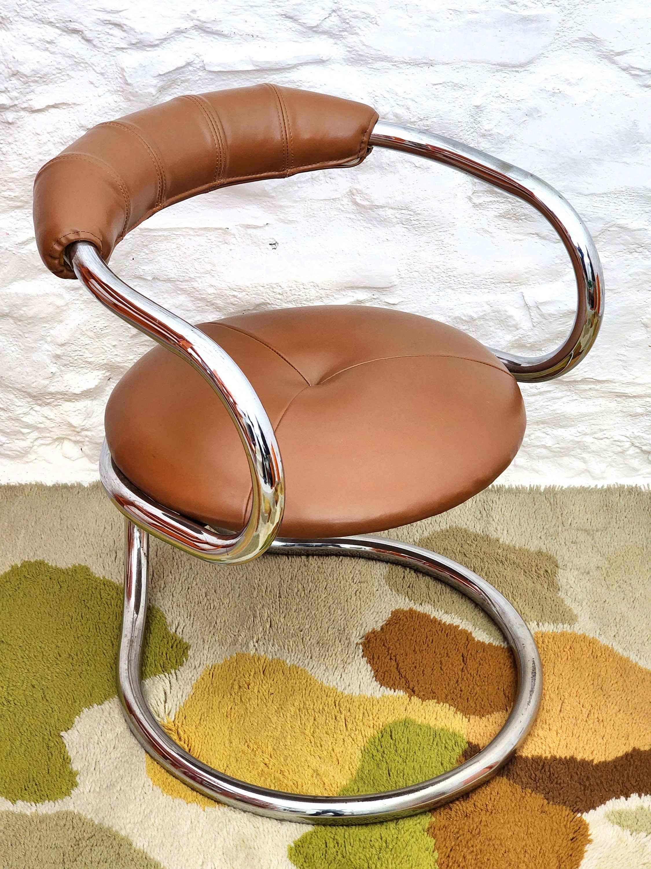 Chrome Tubular Dining Chair in Brown Leather by Bonzanini for Tecnosalotto | Italian Space Age | 1970s