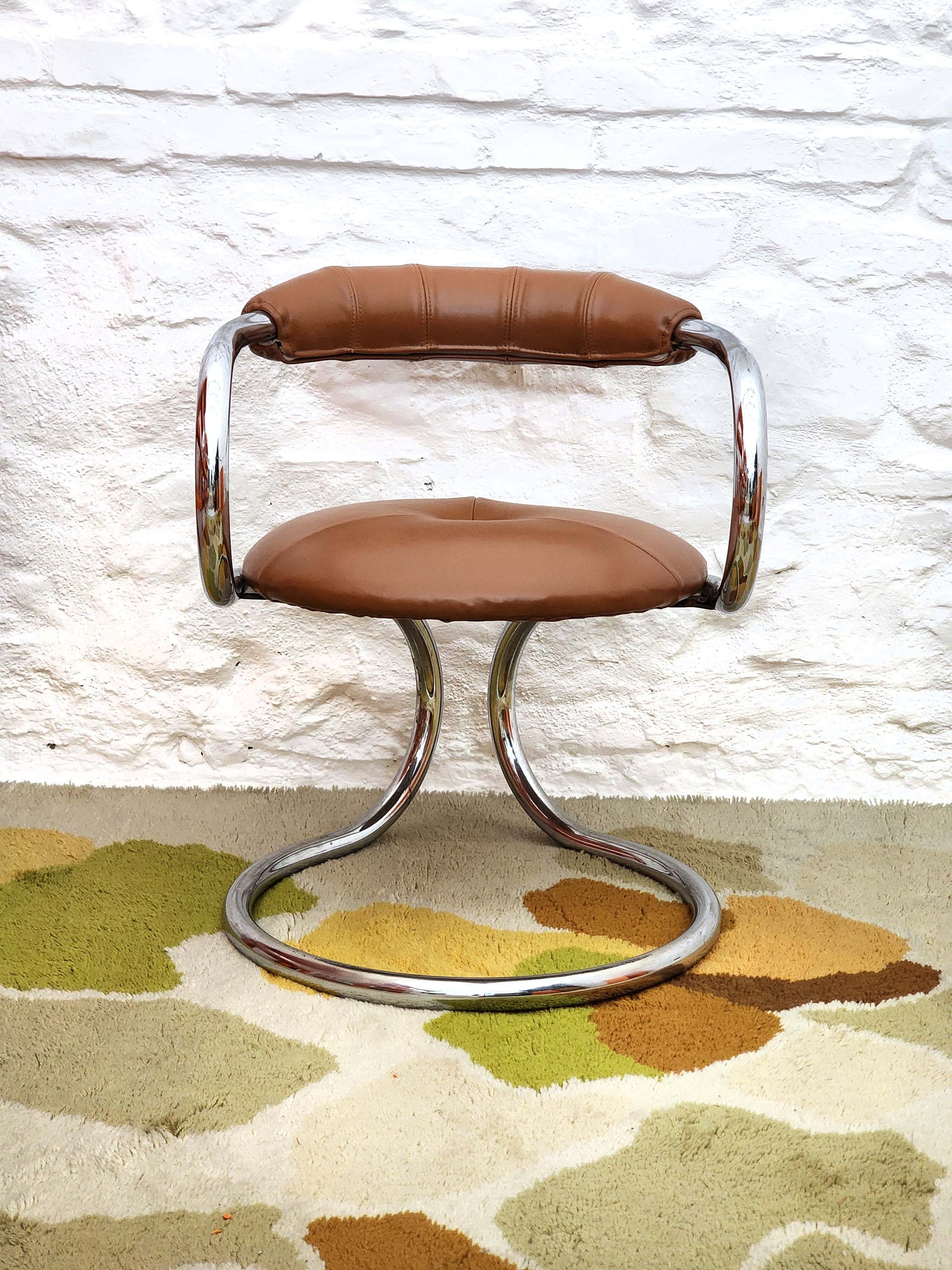 Chrome Tubular Dining Chair in Brown Leather by Bonzanini for Tecnosalotto | Italian Space Age | 1970s