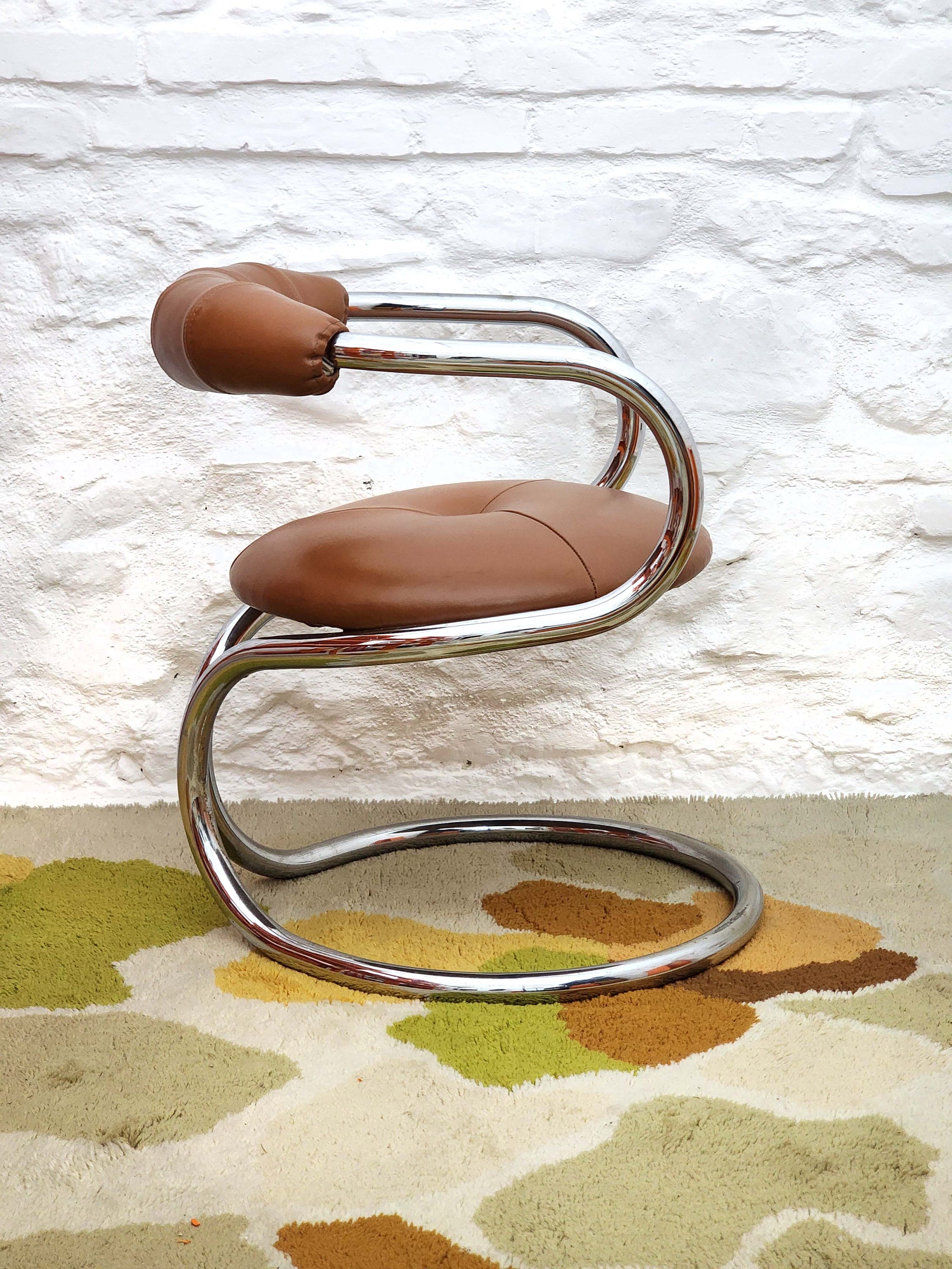Chrome Tubular Dining Chair in Brown Leather by Bonzanini for Tecnosalotto | Italian Space Age | 1970s