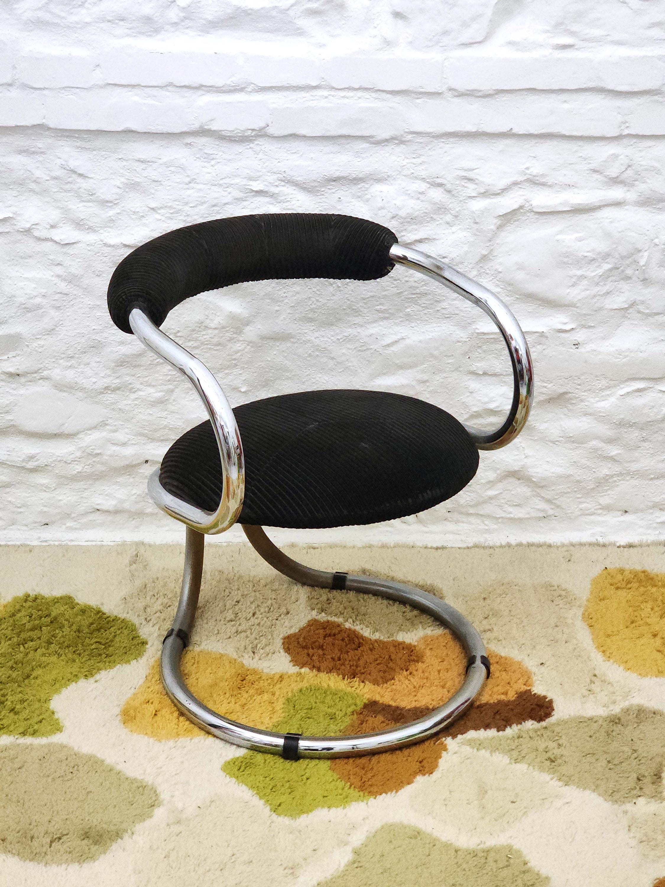 Chrome Tubular Dining Chair in Ebony Corduroy by Bonzanini for Tecnosalotto | Italian Space Age | 1970s