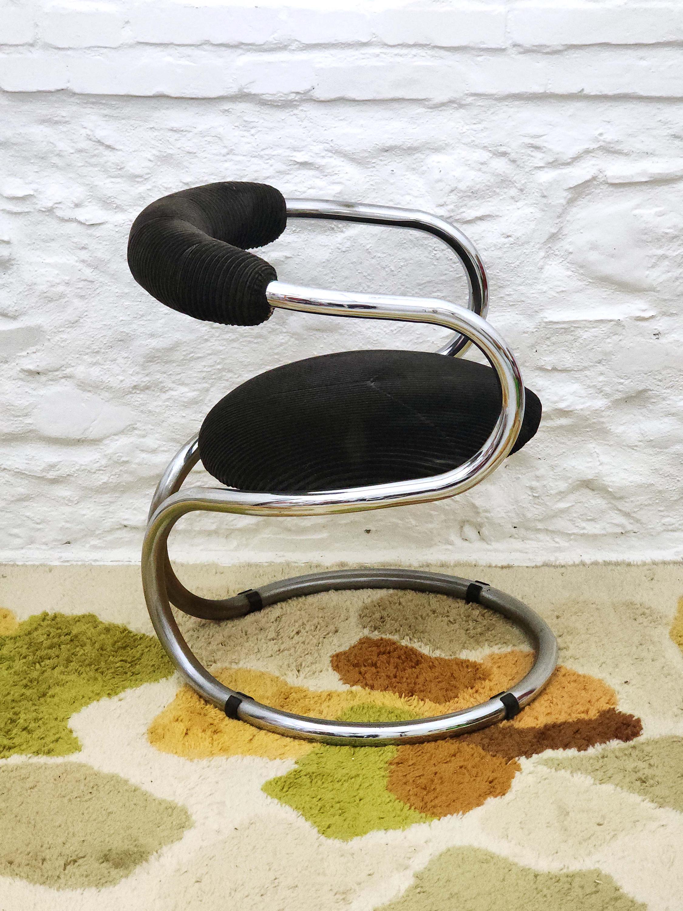 Chrome Tubular Dining Chair in Ebony Corduroy by Bonzanini for Tecnosalotto | Italian Space Age | 1970s