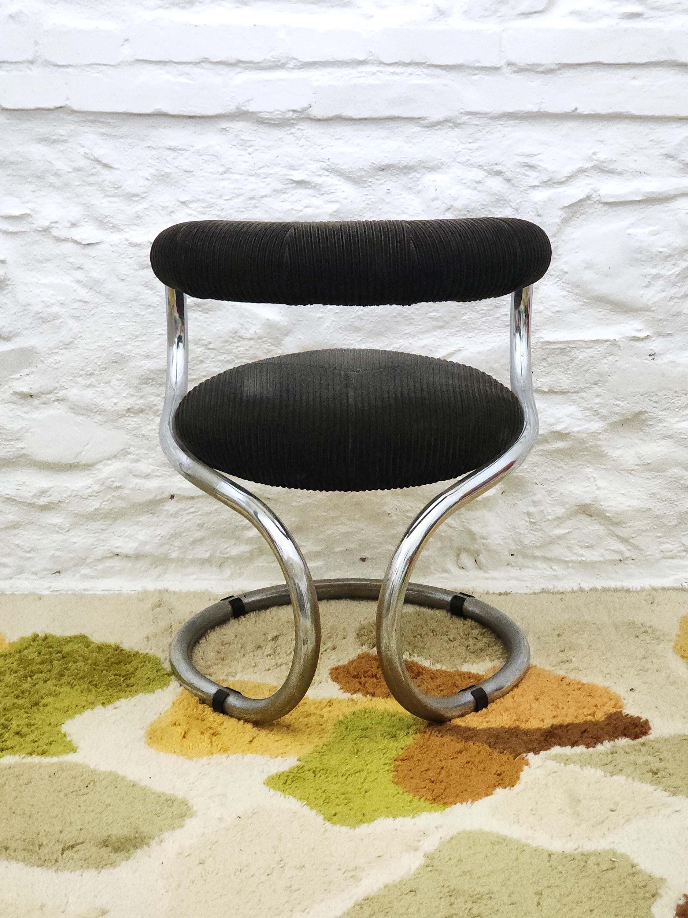 Chrome Tubular Dining Chair in Ebony Corduroy by Bonzanini for Tecnosalotto | Italian Space Age | 1970s