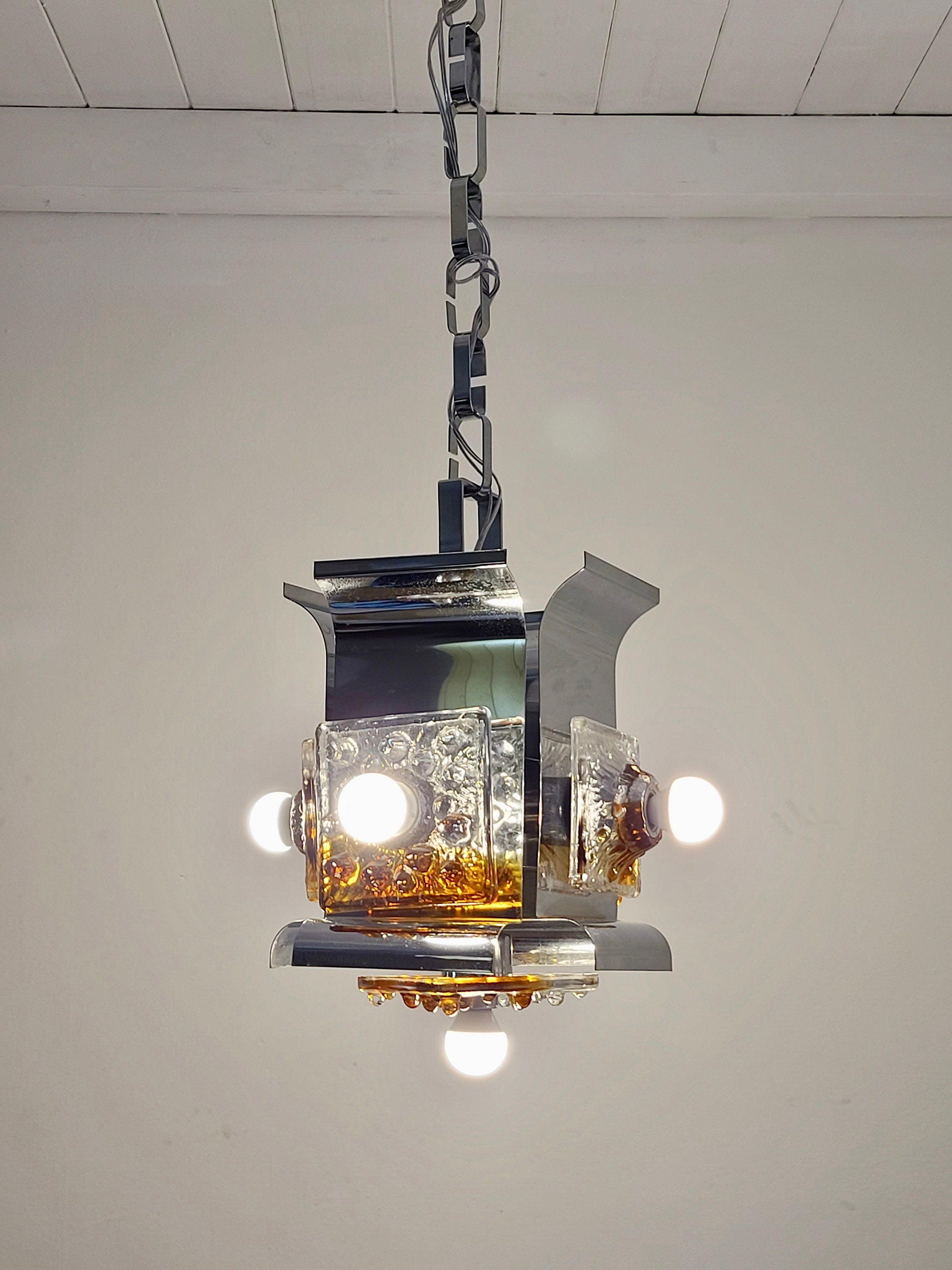 Chrome and Murano Glass Pendant Lamp from Mazzega | Italian Space Age | 1970s