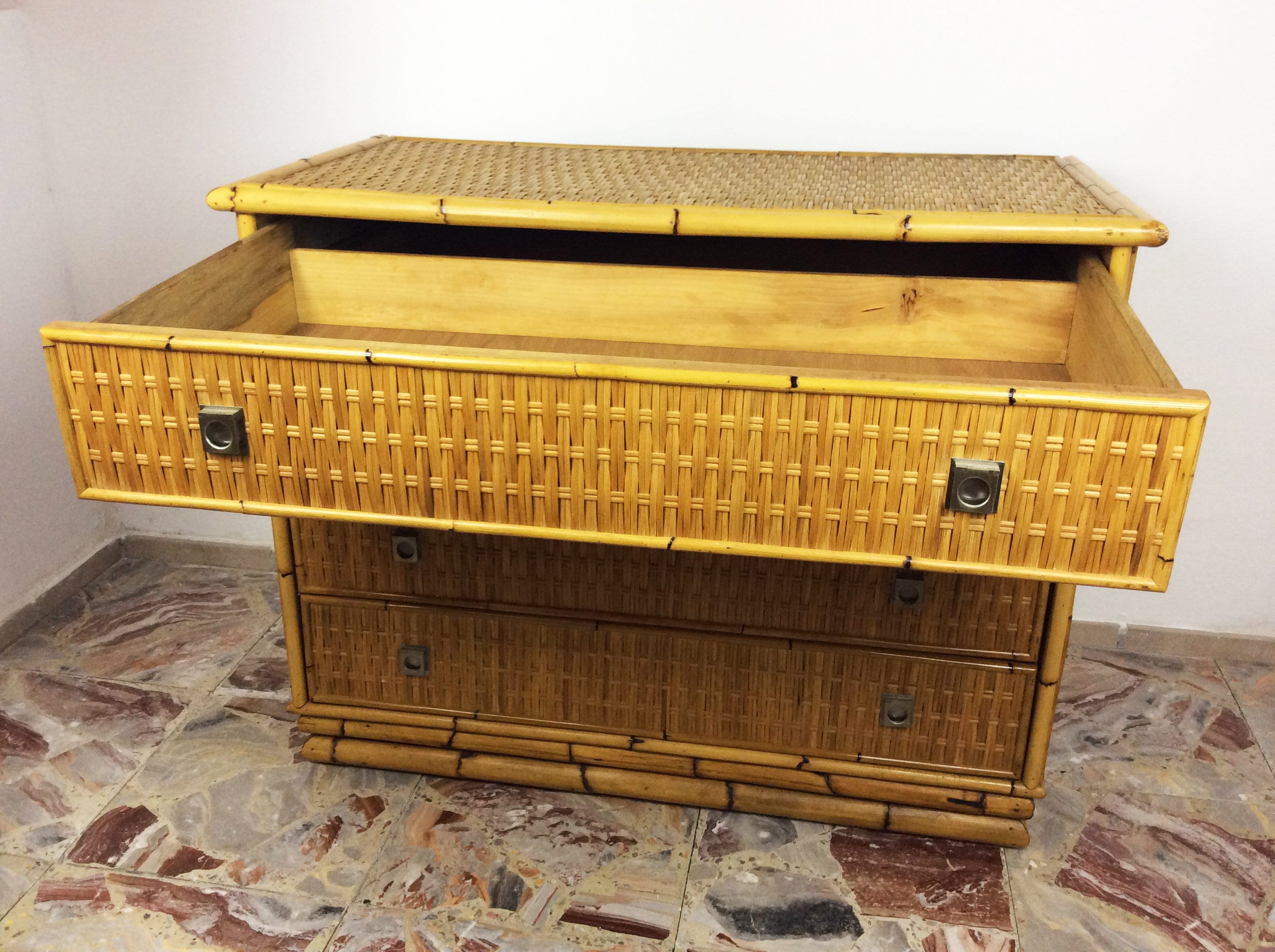 Bamboo Rattan and Brass Chest of Drawers by Dal Vera | Italian Midcentury Modern | 1960s